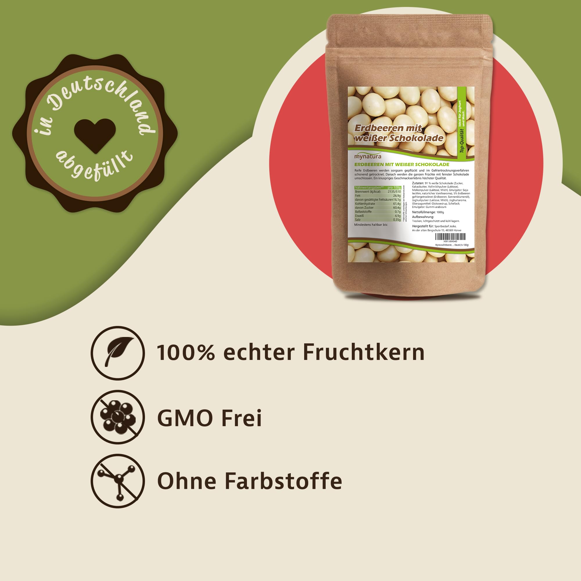 Mynatura Erdbeeren, gefriergetrocknet, in weißer Schokolade I Erdbeeren I umhüllt von Schokolade I Müsli I Snack I Süß I Beutel (1x 1000g)