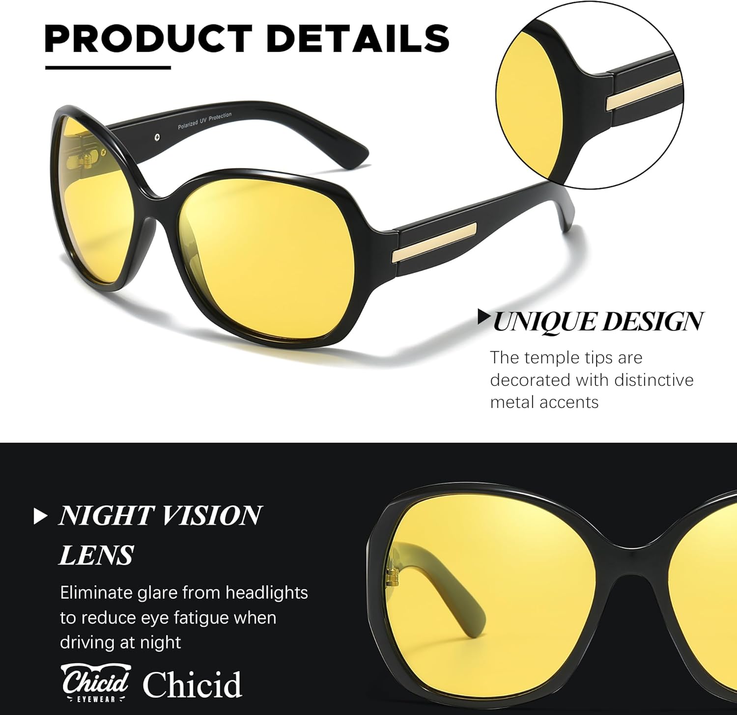 Chicid Night Vision Glasses Women, Polarized Anti-Glare Night Driving Glasses - Image 4