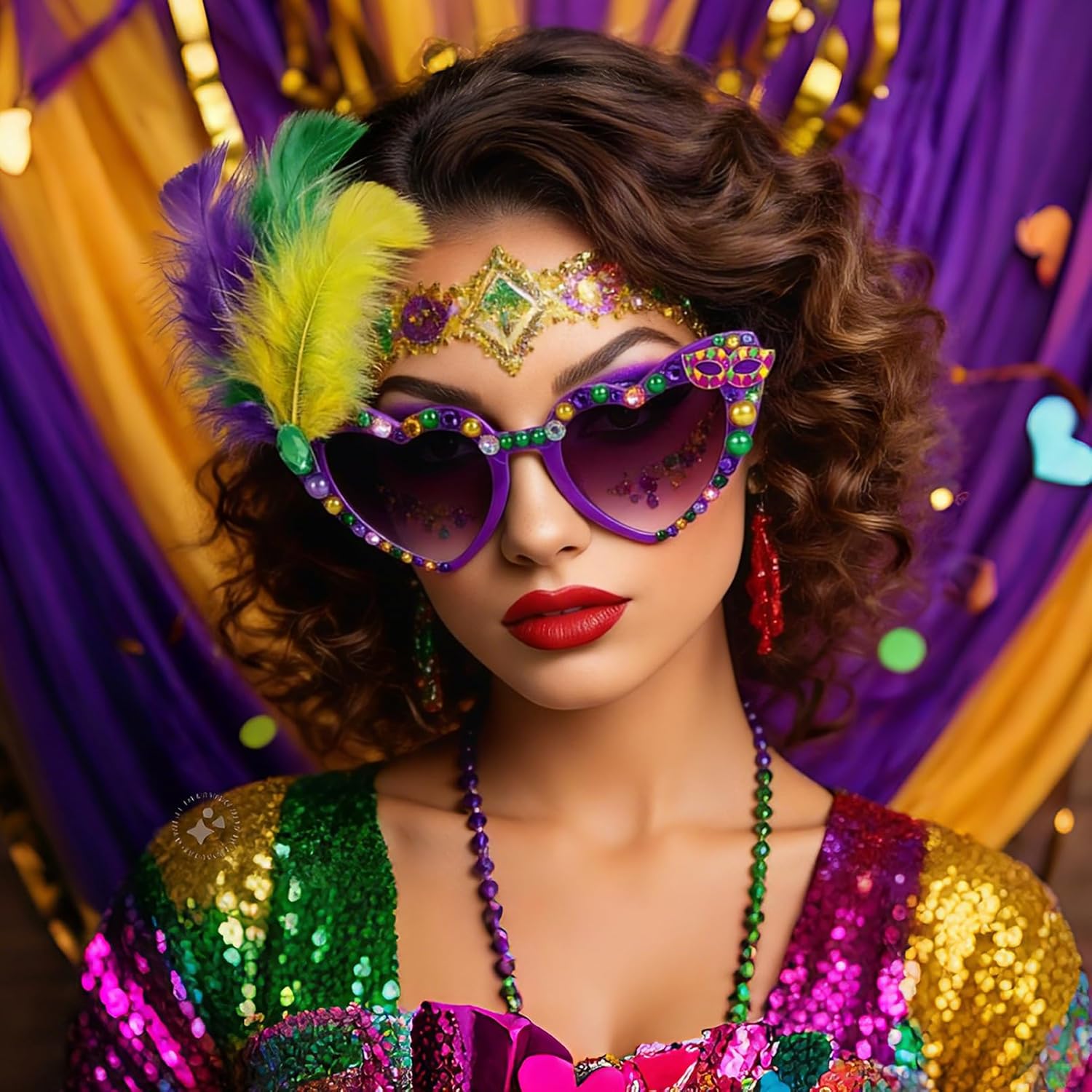 YOGFIT Mardi Gras Sunglasses for Women Men, Mardi Gras Beads Heart Sunglasses for New Orleans Carnival Parade Accessories - Image 7