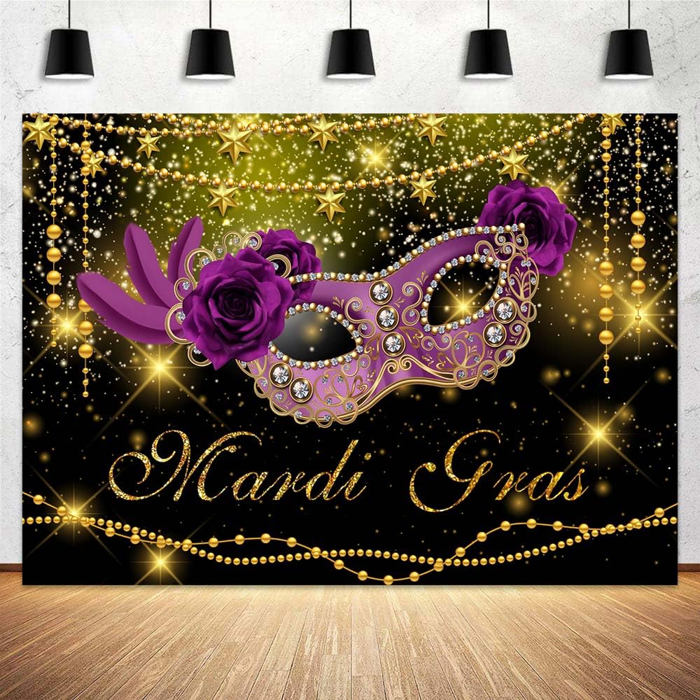 7 x 5 ft Mardi Gras Party Backdrop Masquerade Purple Mask Carnival Black Gold Glitter Beads Dance Birthday Party Photo Booths Props Decorations