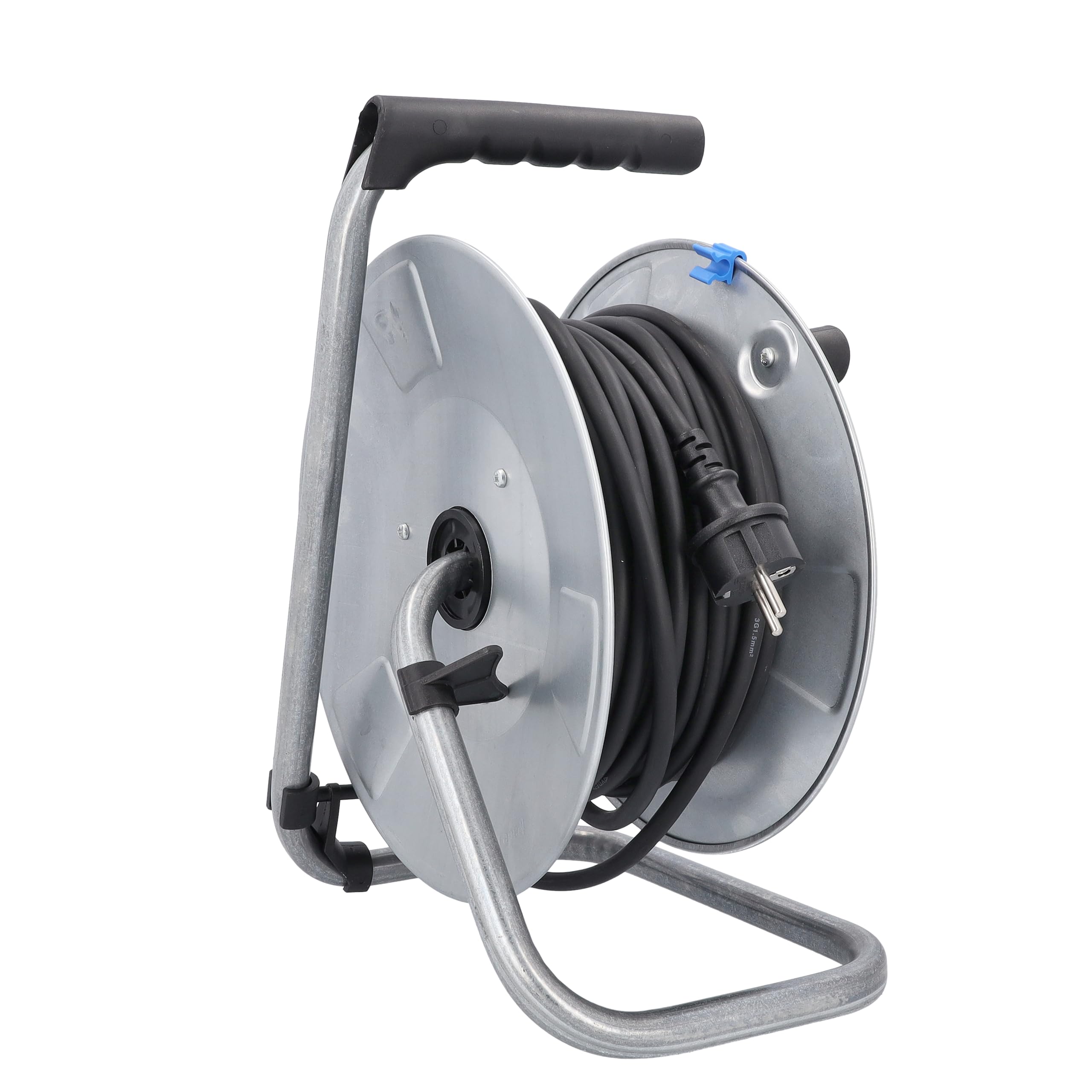 as - Schwabe enrollacables 25 m H05RR-F 3G1,5, IP44 exterior, 3 tomas de corriente con toma de tierra, Interruptor térmico, tambor de acero, Made in Germany