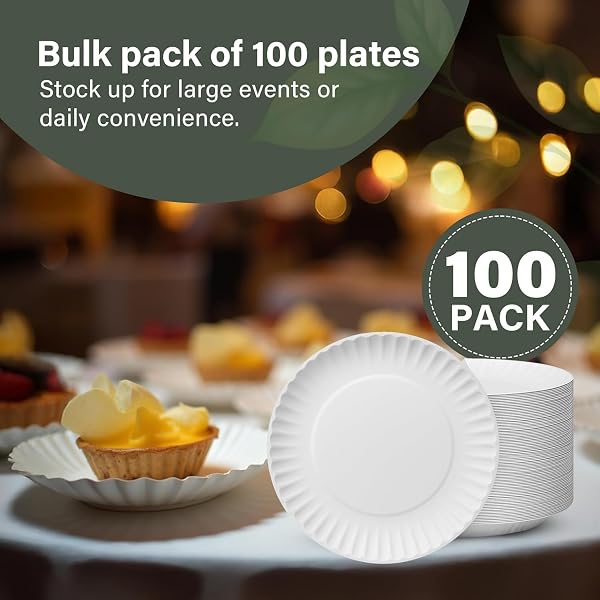 Vivo Technologies 100-Pack of 7-inch Disposable Paper Plates 18cm White 100% Compostable Biodegradable Party Paper Plate Perfect for Everyday use, Ideal for BBQ's, Parties and Events 100pcs 7 Inches - 2