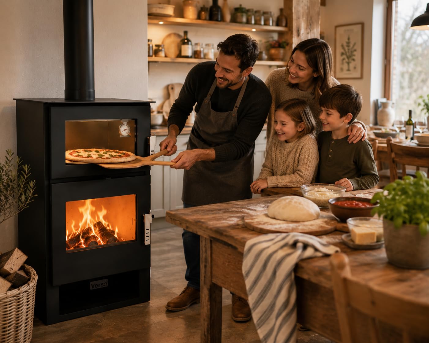 Verso F - Estufa de leña con estufa de acero inoxidable de 9 kW, 81,2% de alta eficiencia, chimenea de cocina y calefacción, horno de acero inoxidable con termómetro, placa superior de acero (sin