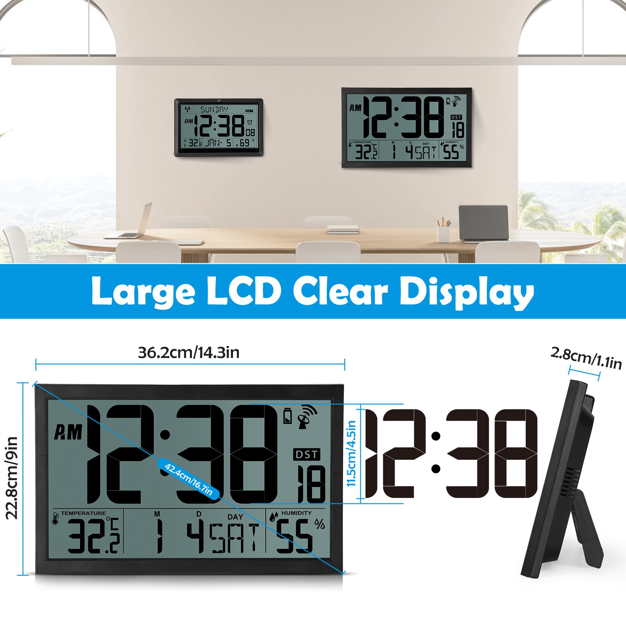 Sukeen Wanduhr Funk, Digitale Wanduhr Gross Funk, 16,7" Digitaluhr Batteriebetrieben, DCF-Funkuhr Tischuhr mit Temperatur, Luftfeuchtigkeit, Datum, Tag, DST für Zuhause, Küche, Büro, Schule