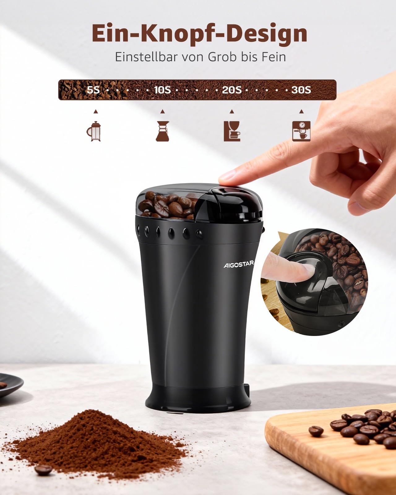 Aigostar kaffeemühle Elektrisch mit Edelstahl Schlagmesser 60g 200W Schwarz - Schnelle & Uniform Gewürzmühle mit Reinigungsbürste, BPA-frei, für Kaffeebohnen, Getreide, Gewürze und Nüsse Mühle