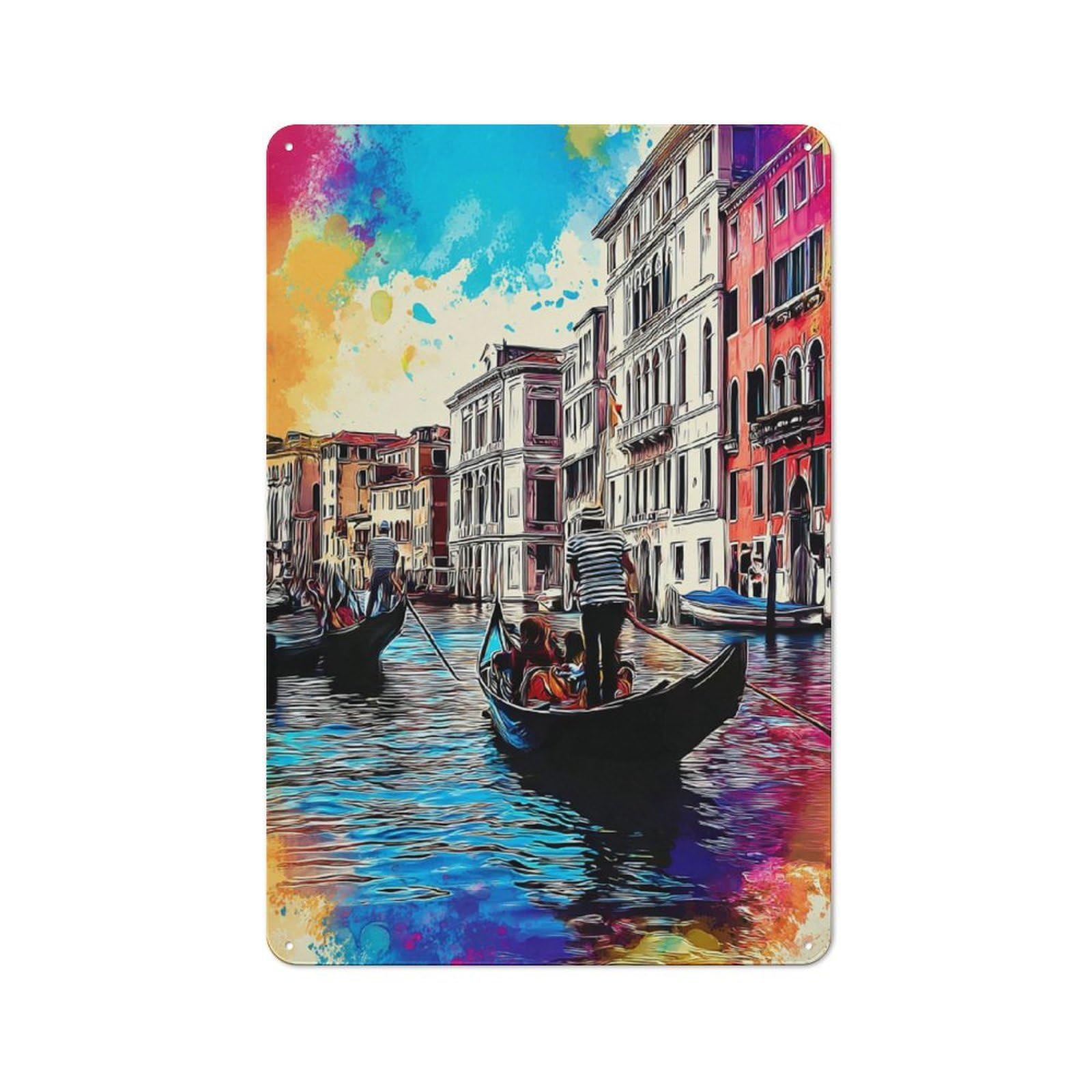 Junmoney Colorful Venice Canals With Gondolas -2 Rustic Tin Sign 30X20cm For Garden Room Or Summerhouse, New-Space Wall Decor For Garden Room Decor Fans