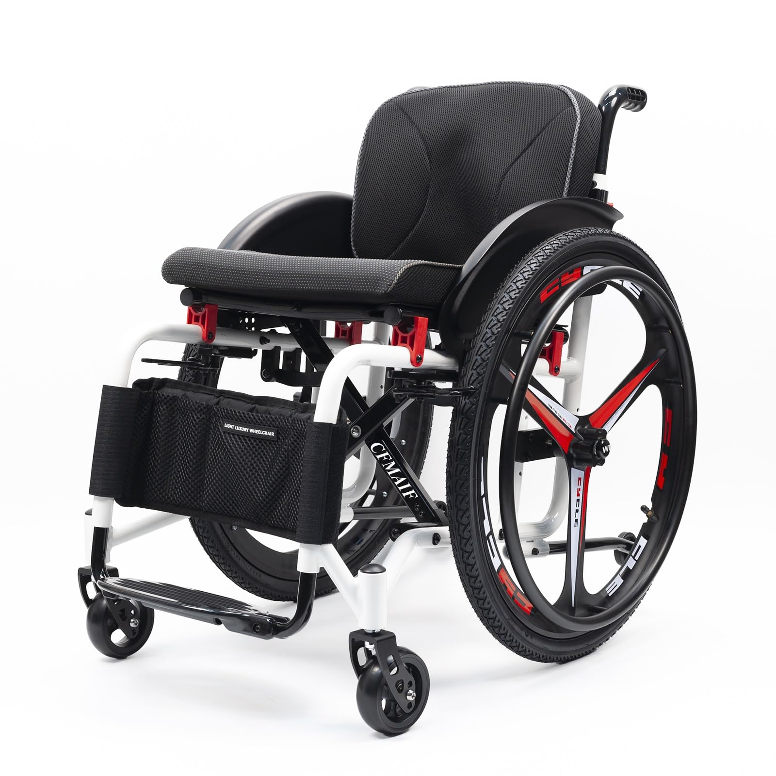 Składany wózek samonastawny, samobieżny ręczny wózek inwalidzki, aluminium, lekki, wózek sportowy, kieszeń do przechowywania (42 cm/16,5 cala)