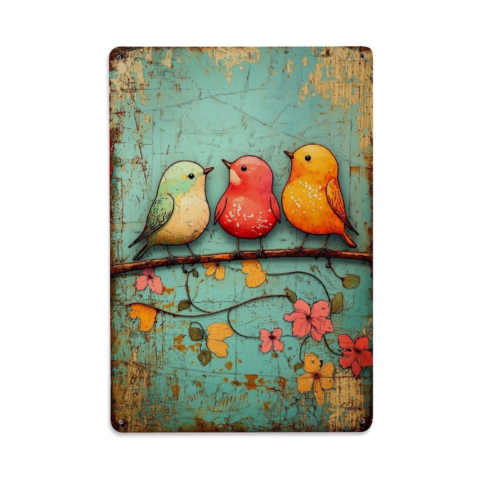 Nestemfo Vintage Three Colorful Birds On Branch Tin Sign Metal Sign, Living Room,Bar, Home, Bedroom Wall Decor,Retro Metal Poster 8X12 Inches