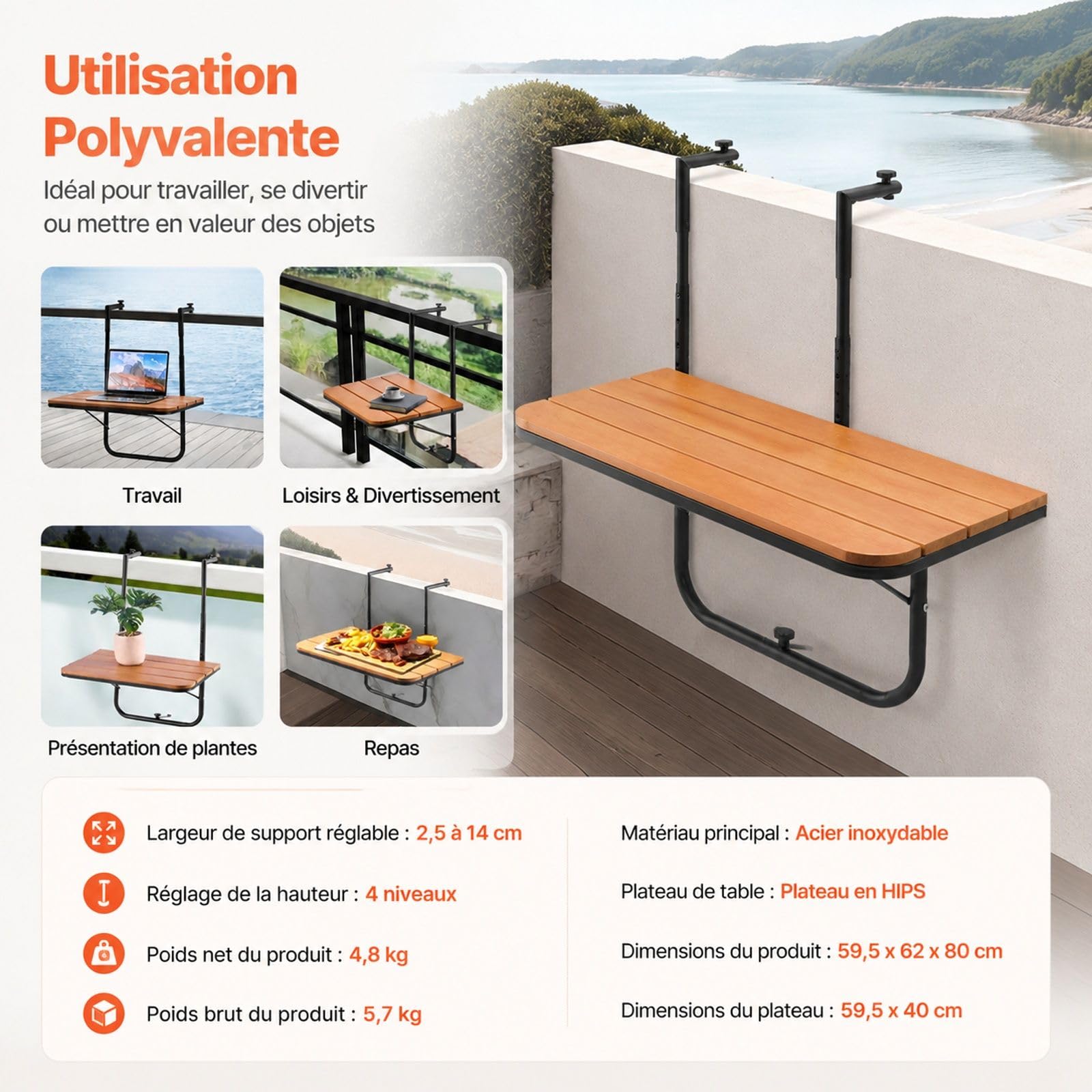 Table Suspendue pour Balcon avec Montage sur Balustrade, Table d’extérieur réglable pour Patio et terrasse
