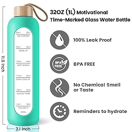 PROBTTL 32 Oz Borosilicate Glass Water Bottle with Time Marker Reminder Quotes, 1 Liter Leak Proof Reusable BPA Free Motivational Water Bottles with Silicone Sleeve and Bamboo Lid (Aqua)