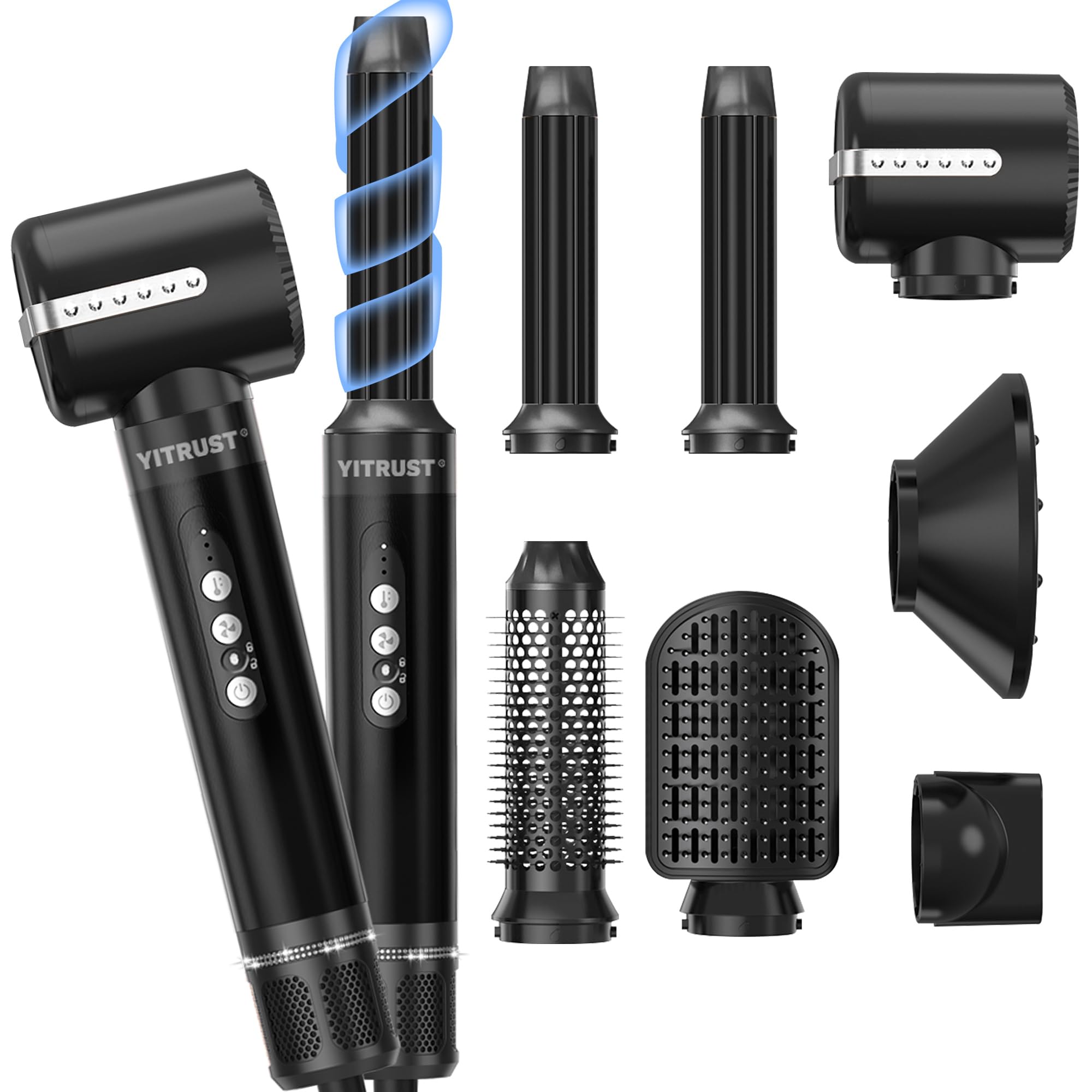 Blow Dryer Brush 7 in ONE?Autowrap Curling Wand, 110,000 RPM High-Speed Negative Ionic Hair Dryer with Diffuser Concentrator, Round Brush Blow Dryer Air Styler, Volumizing Hair Styling Tools