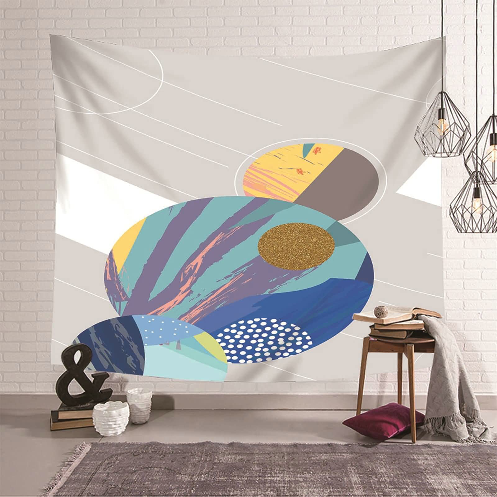 Tapiz de pared abstracto para salón con círculos decorativos azul y gris