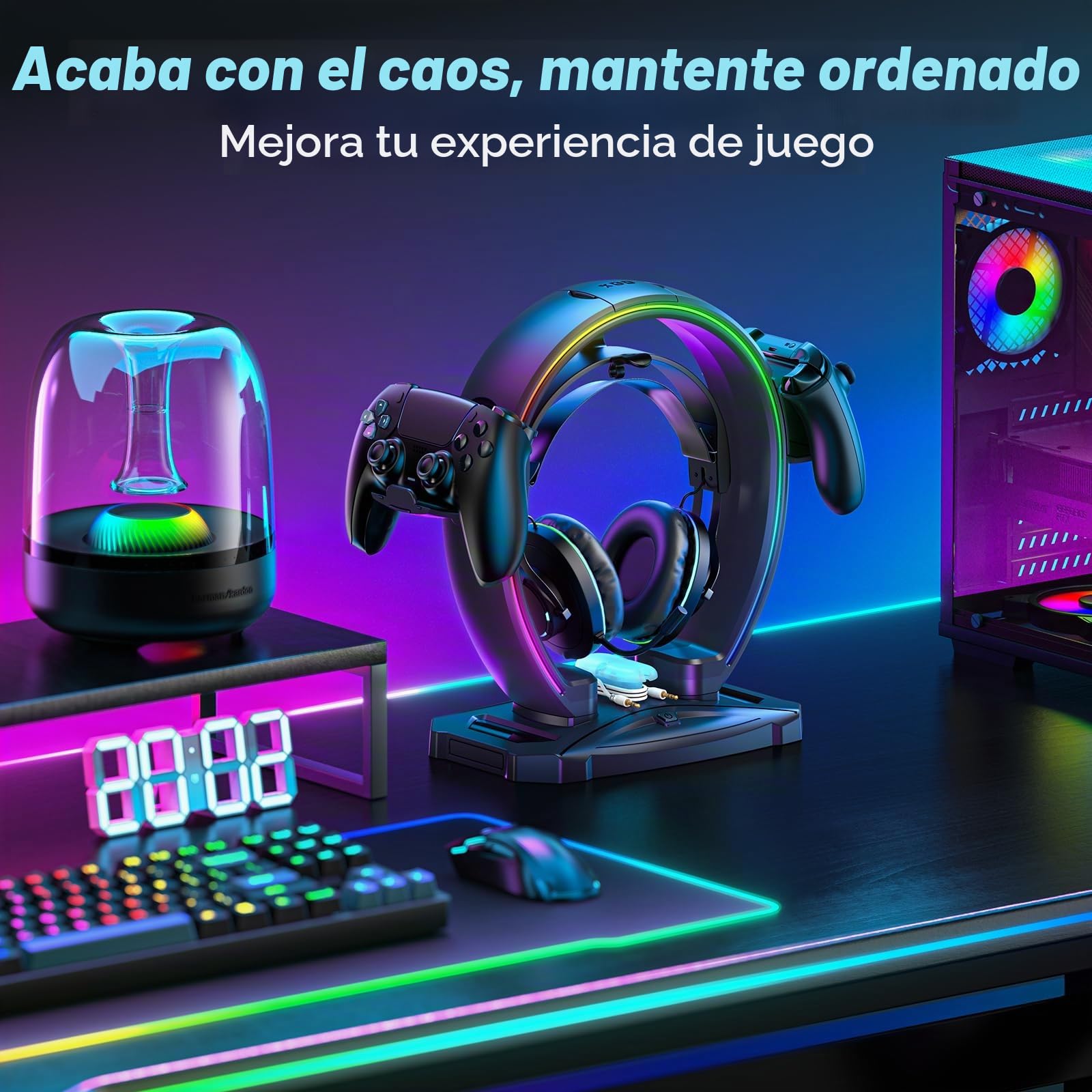 KDD LED Soporte Cascos Gaming con 9 Modos de Luz - Soporte Auriculares & Soporte Mando Plegable con Organizador de Cables - Cascos Porta Auriculares Mesa para Escritorio Gamer Accesorios Gaming PC