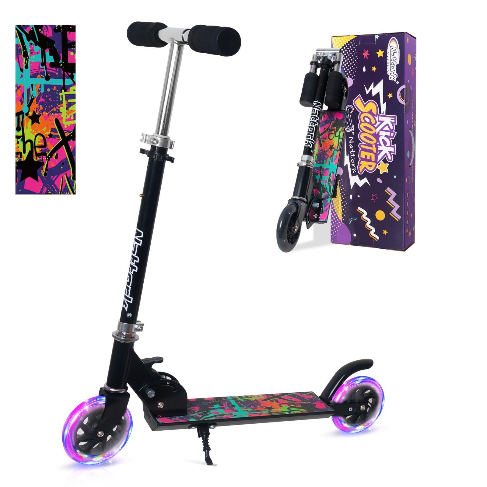 Nattork Scooter for Kids Ages 3-8 – Kick Kids Scooters for Boys & Girls Light up Wheels Folding Design with Reducing System and Adjustable Height Handlebars Portable Lightweight and up to 110 Lbs