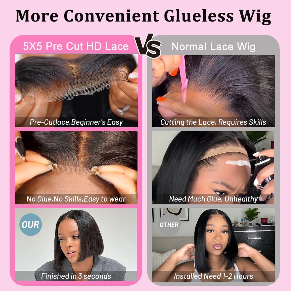 12 Inch Bob Wig Human Hair 5x5 Hd Lace Closure Wigs for Black Women Short Glueless Black Bob Wig Pre Plucked Pre Cut Natural Hairline Middle Part Lace Front Wigs Human Hair Breathable Daily Wear