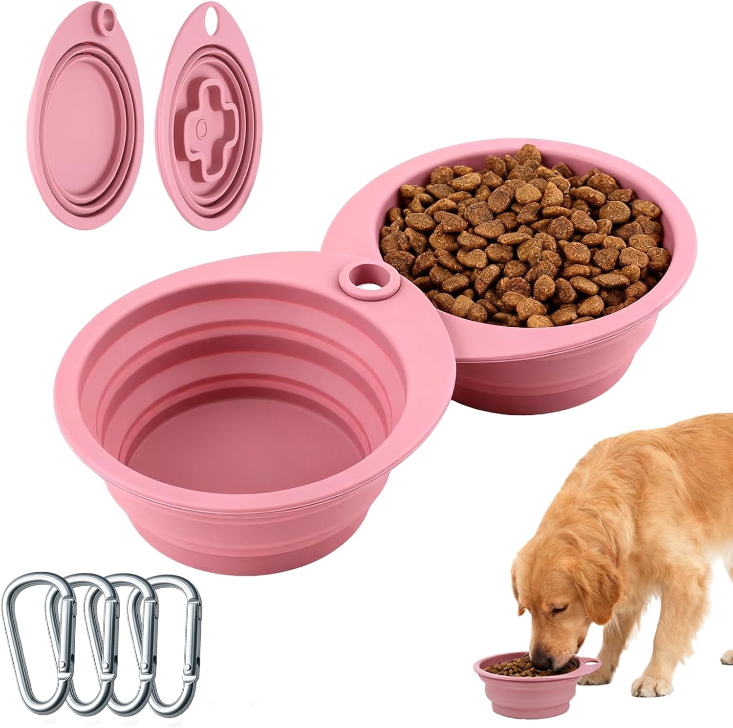 2-Pack Collapsible Silicone Dog Bowls with Carabiners – Portable Pet Feeders (Pink) 2-Pack Collapsible Silicone Dog Bowls with Carabiners – Portable Pet Feeders (Pink)