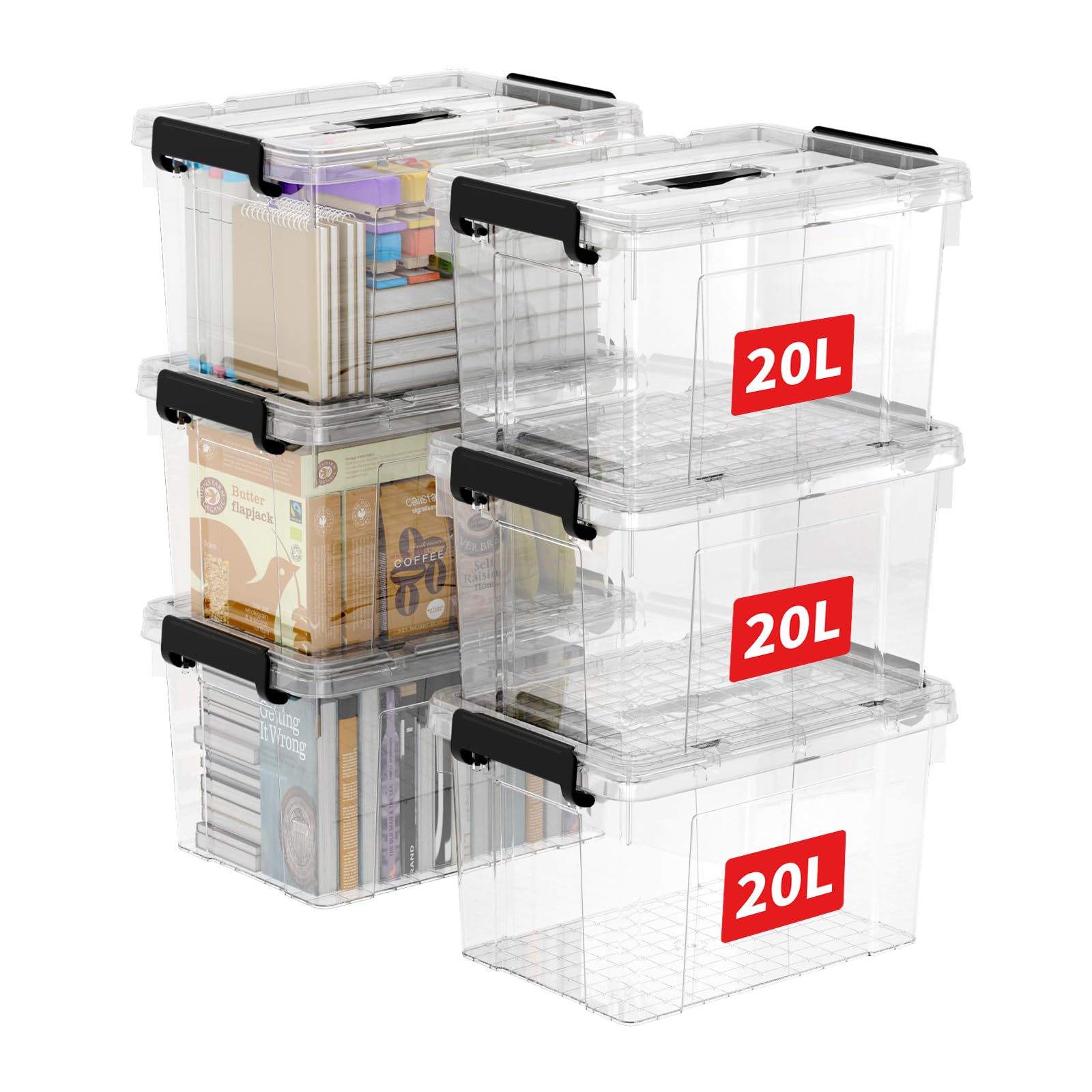 20L*6 Storage Boxes, Carry Plastic Storage Box with Lids, Clear Organizing Container with Handle and Secure Latches, Nestable & Stackable Tote Box for Home Office, 20L-6 Pack, Transparent