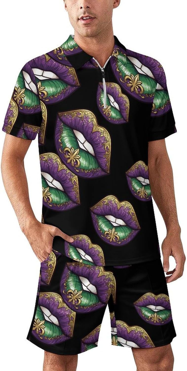 Mardi And Gras Lip Mens Polo Shirts Track Suits 2 Piece Short Sleeve Sweatsuit 1/4 Zip Golf Loungewear for Sports