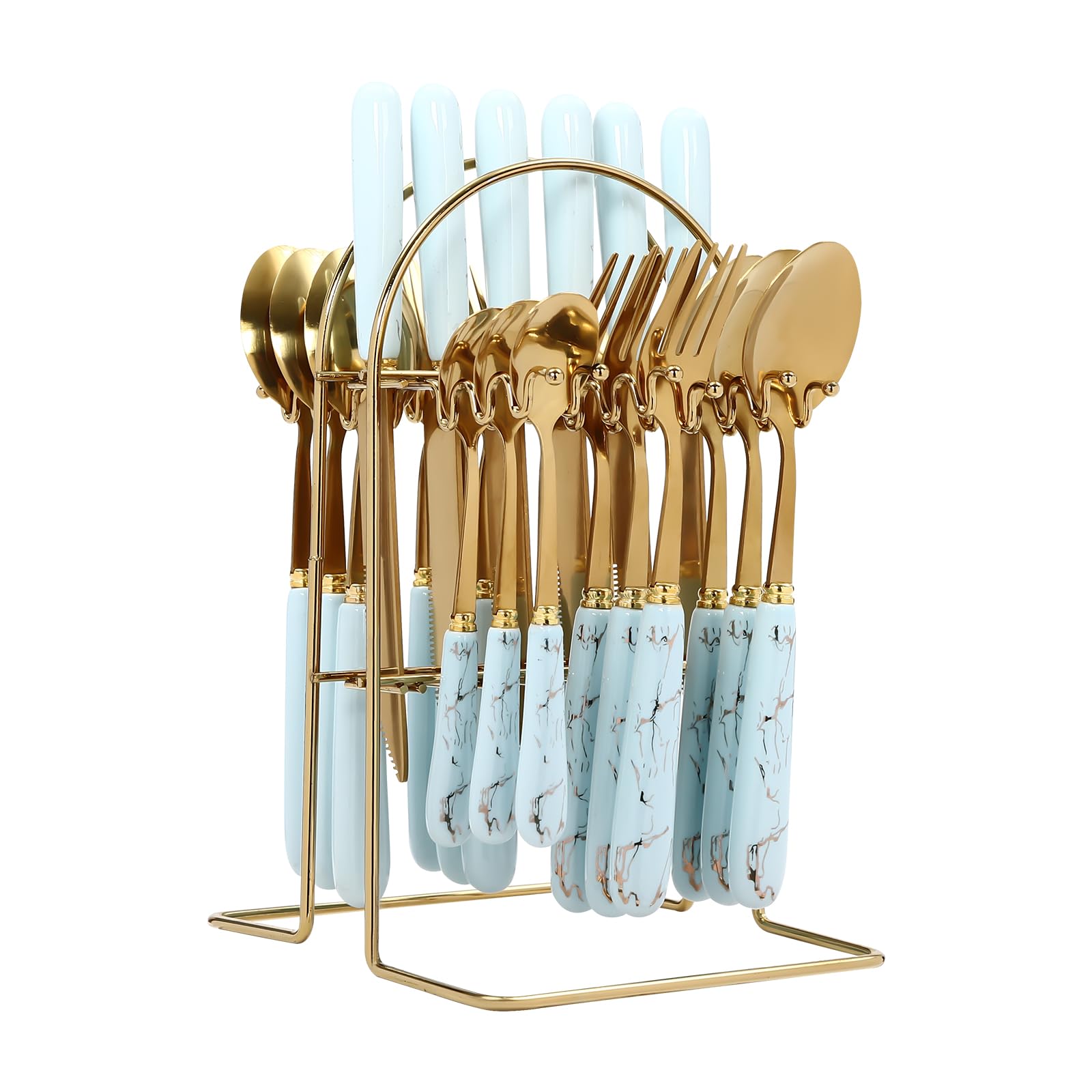 Donened - 24 Pieces Silverware Cutlery Set, Cutlery Set with Metal Hanging Stand, Stainless Steel Flatware Set for 6 Person, Mirror Polished Tableware Set, for Home Kitchen (Blue)