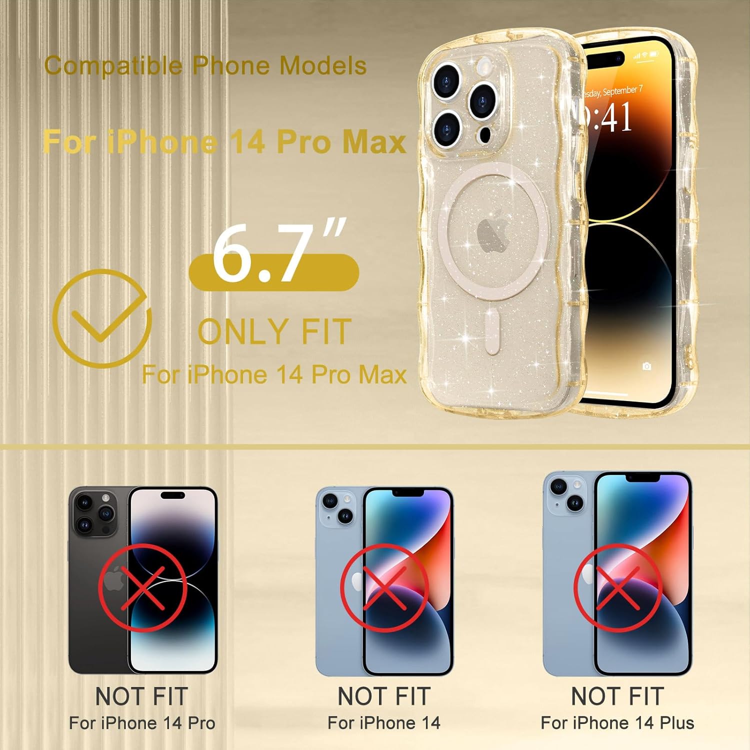 Magnetic for iPhone 14 Pro Max Case Clear, Sparkly Bling Glitter Cute Curly Wave Cover for Women Men Compatible with MagSafe TPU Shockproof Protective Phone Case for iPhone 14 Pro Max, Gold - Image 2