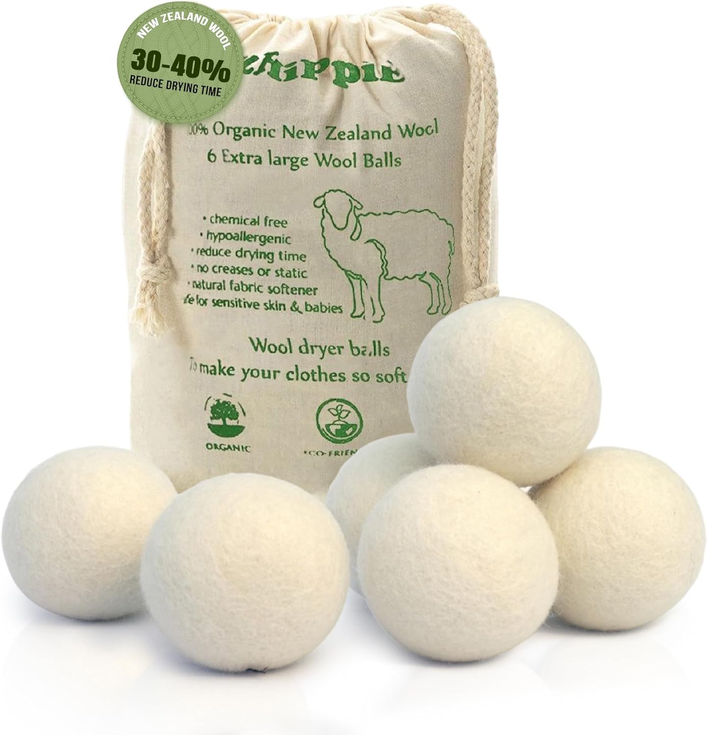 Product image of Ezhippie Quality Wool Dryer Balls - 6 XL Pack - 1000+ Loads - Pure Organic Wool - Reusable Natural Fabric Softener Perfect with Essential Oils, Reduce Clothing Static and Wrinkles