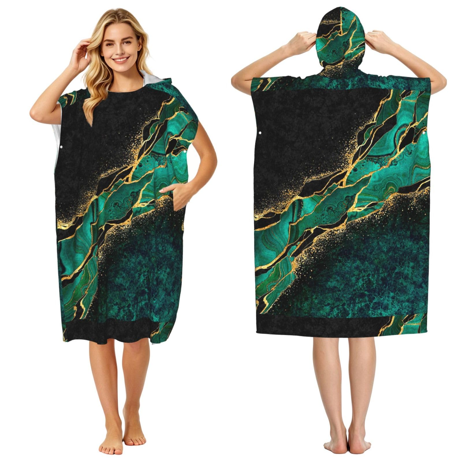 Poadnly Black Teal Marble Green Malachite With Golden Veins Gold Spots, Adult Hooded Beach Towel 90 x 110 cm,Changing Bath Robe, Surf Poncho Towel For Women Men