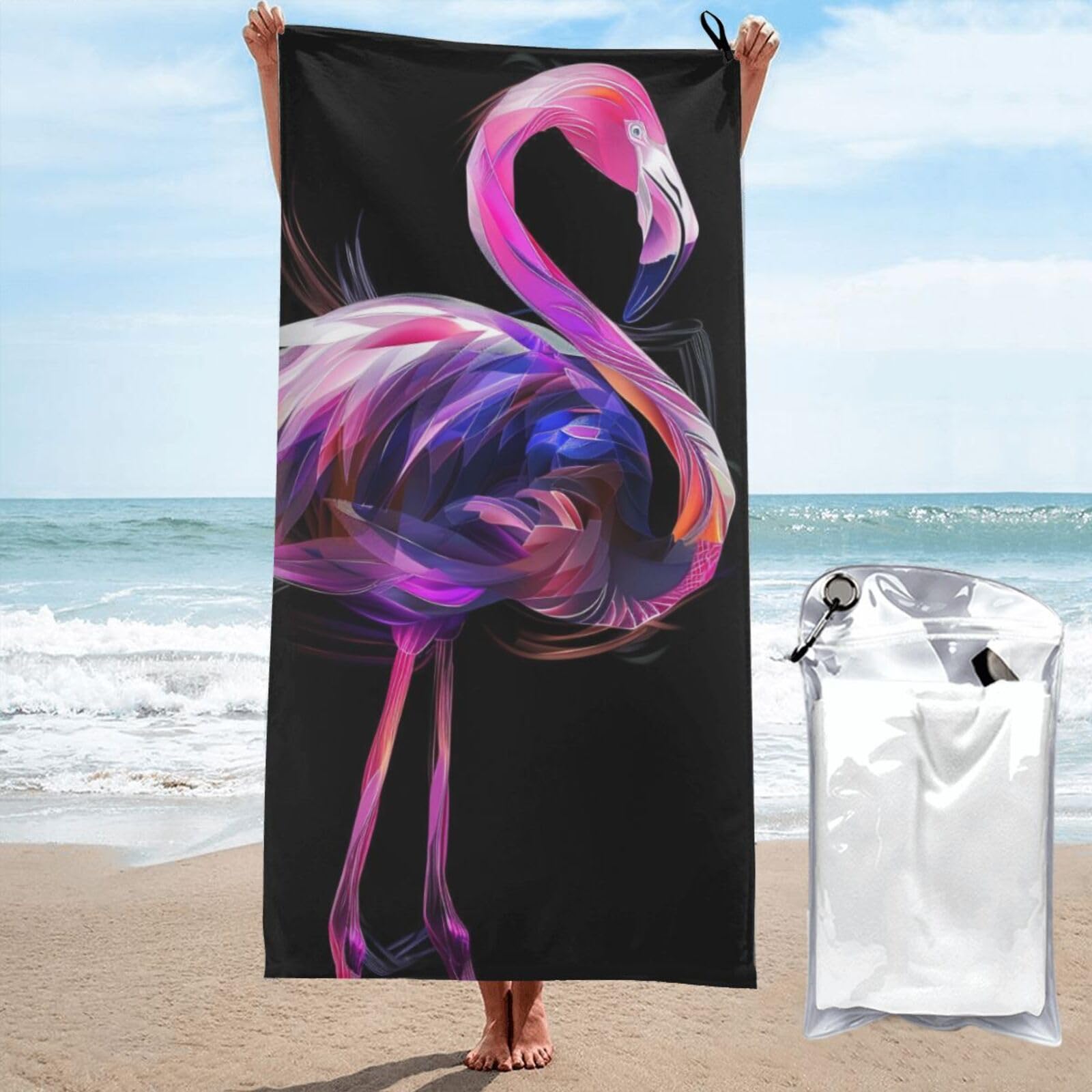 kkvhhyuo Microfiber Beach Towel, Abstract flamingo Printed Lightweight Quick Dry Travel Bath Sheet with Compact Carry Bag for Swimming Yoga Camping Gym,31.5"x63"