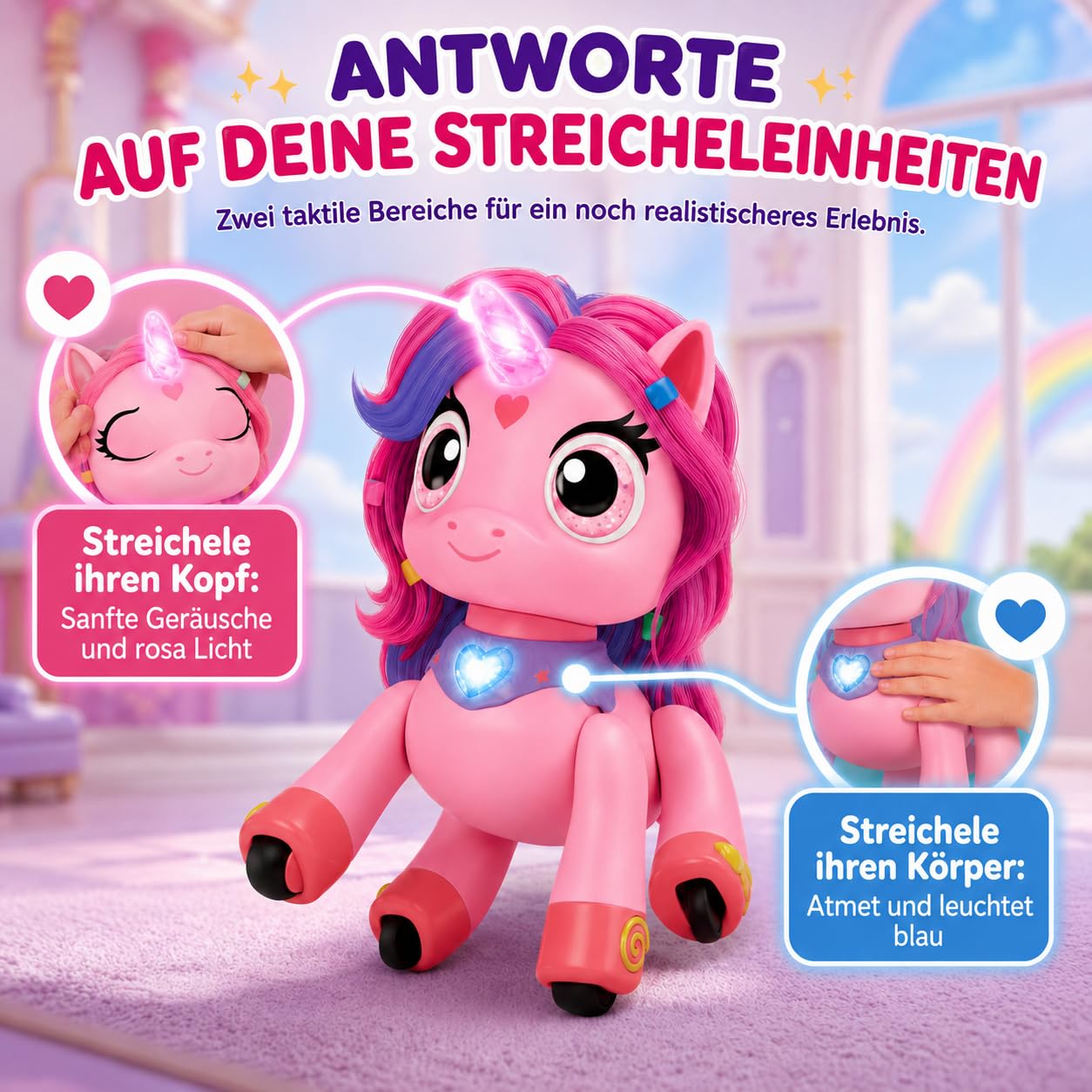 Regenbogen Einhorn Rainbow Lilly | Ferngesteuertes Einhorn mit Zauberstab | Interaktives Einhorns mit Licht, Sound und Bewegung