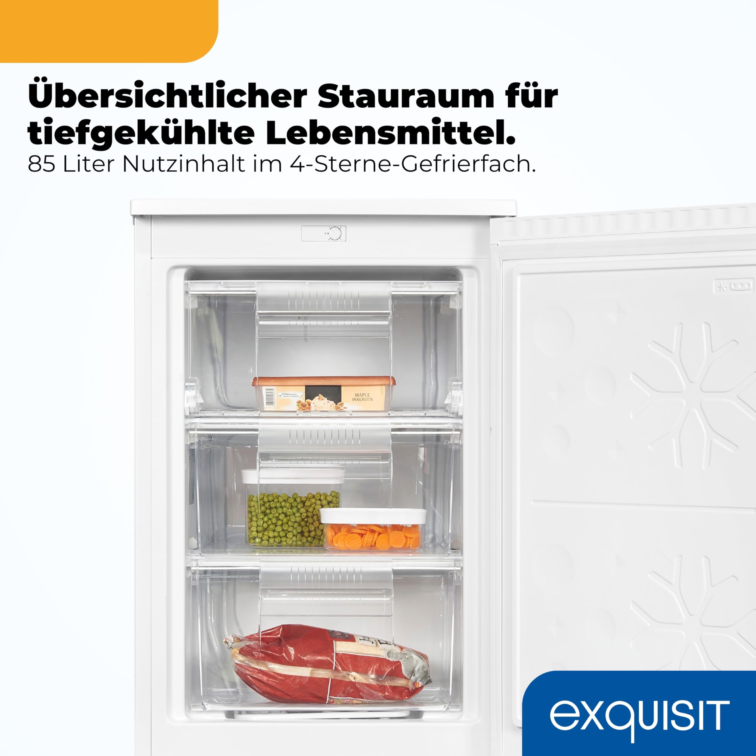 Exquisit GS81-050C Gefrierschrank - 85 l Nutzinhalt, Energieklasse C, Weiß | Freistehender 4-Sterne Gefrierschrank, kompaktes Standgerät mit 3 Schubladen, wechselbarem Türanschlag und 39 dB Lautstärke