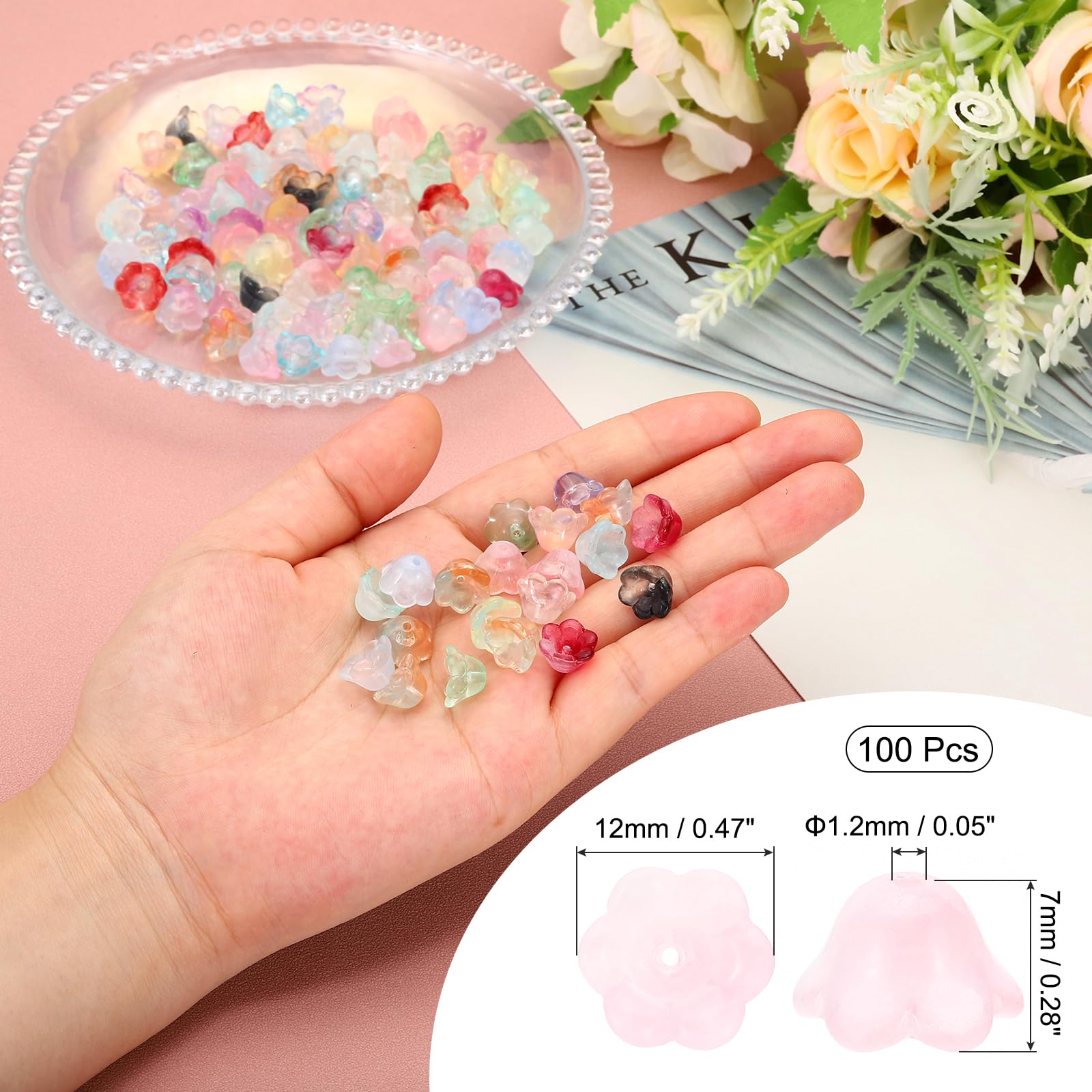 PATIKIL Glass Trumpet Flower Beads, 100 Pcs Gradient Flower Bead Charm for DIY Craft Decorations Light Pink - Image 2