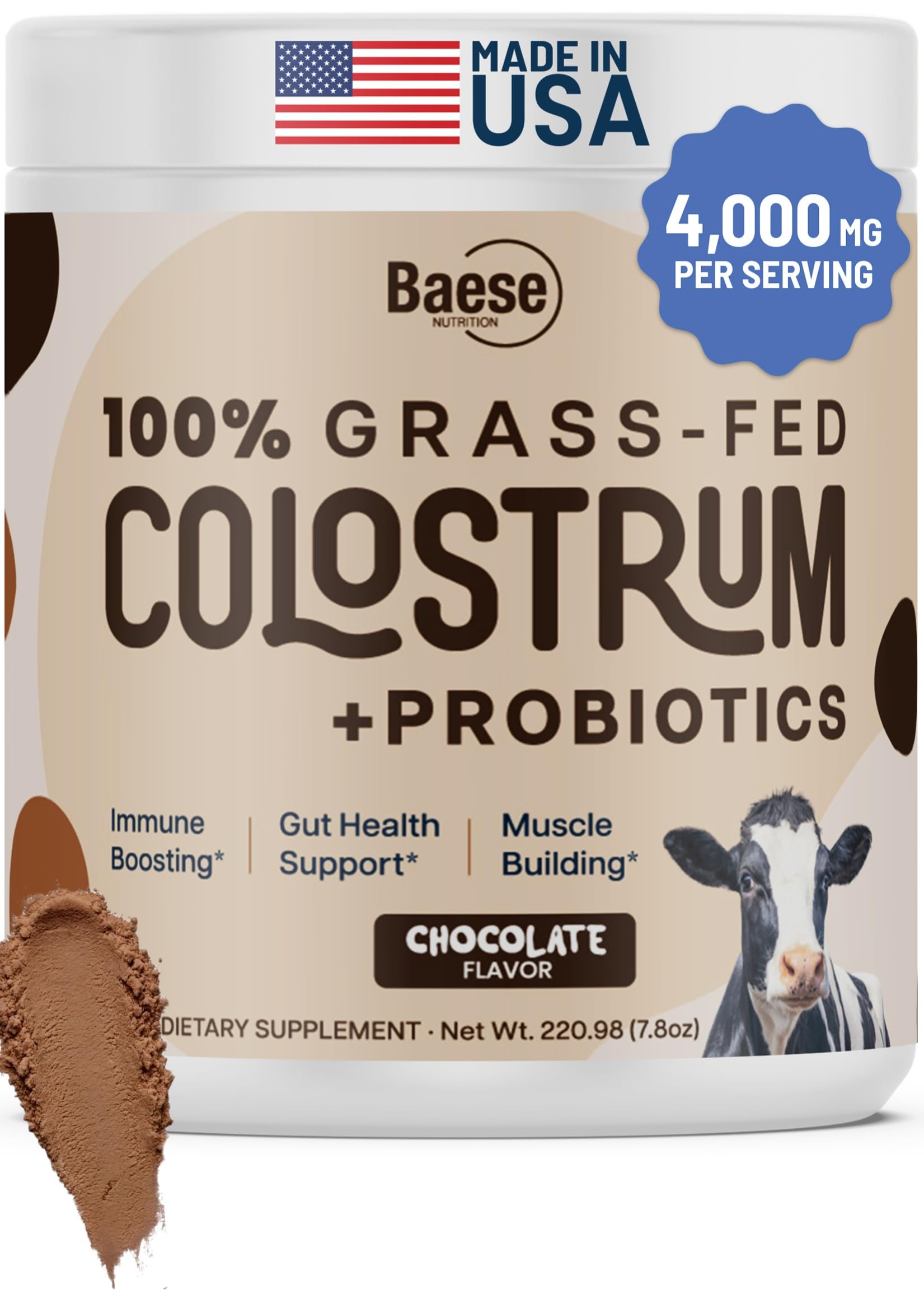 Organic Chocolate 4000mg Grass Fed Bovine Colostrum Powder + Probiotics Colostrum Supplement for Kids & Adults with Immunoglobulins (220.98 Grams)