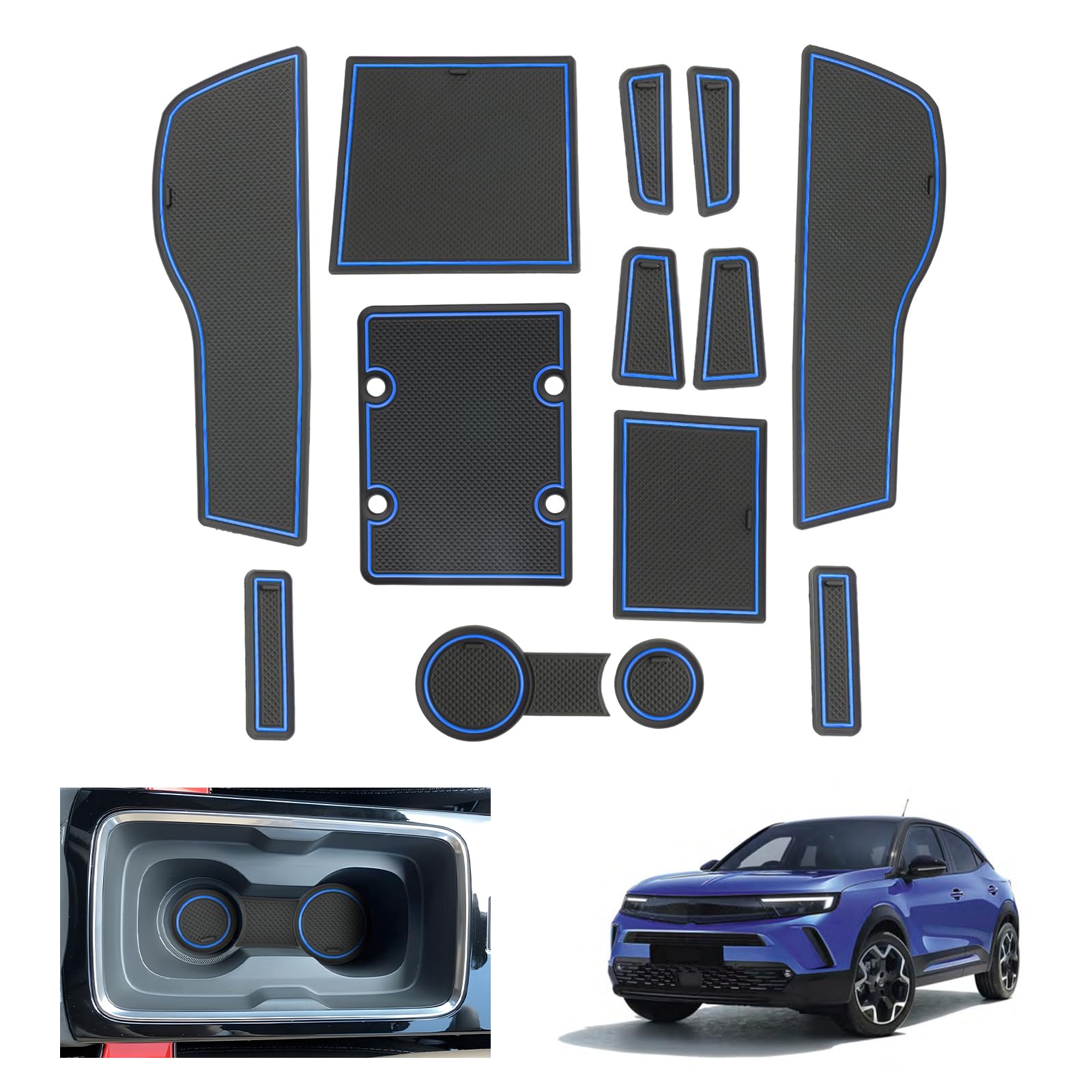 GAFAT Compatibile con Opel Mokka B Mokka-e 2021–2024 2025 2026 Tappetini Antiscivolo, Facelift Mokka e Tappetino Gomma per Console Centrale, Cuciture Porte, Accessori Mokka-B (Blu)