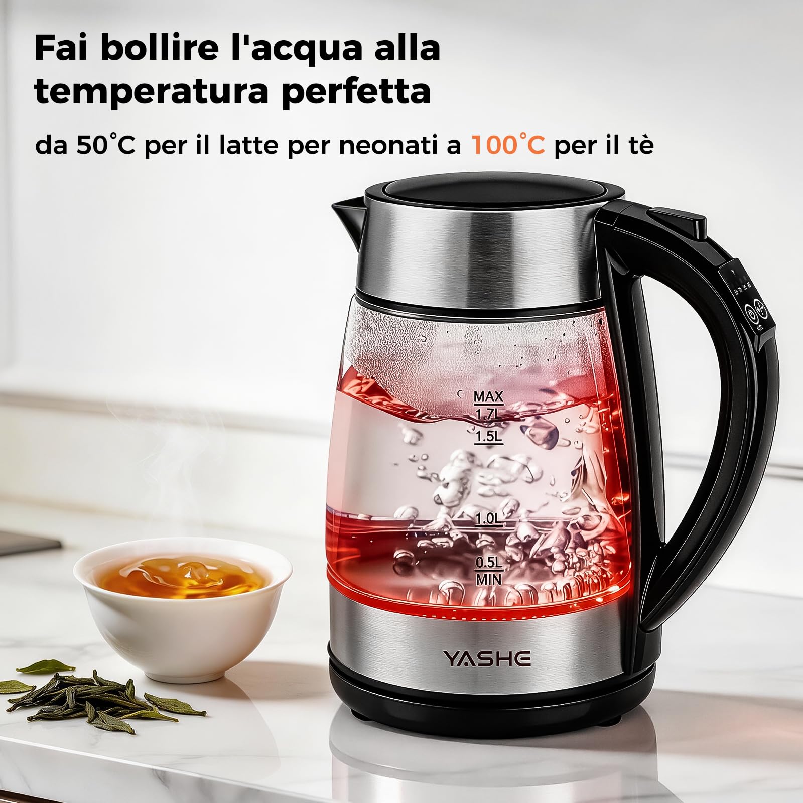 YASHE Bollitore Elettrico in Vetro con Controllo Temperatura, 1,7L Bollitura Rapida 2200W, Display LED a 5 Colori, 30 Min Mantenimento in Caldo, Filtro Anticalcare