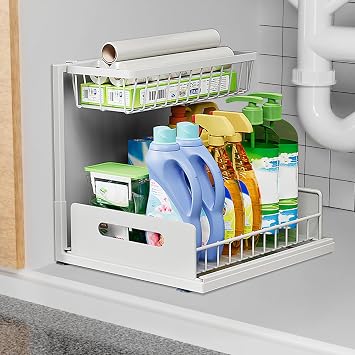 Under Sink Organizer, 2 Tier Pull Out Cabinet Organizer, Slide Out Sink Storage Shelf with Upgrade Suction Cups Stay for Kitchen Bathroom Cabinet White