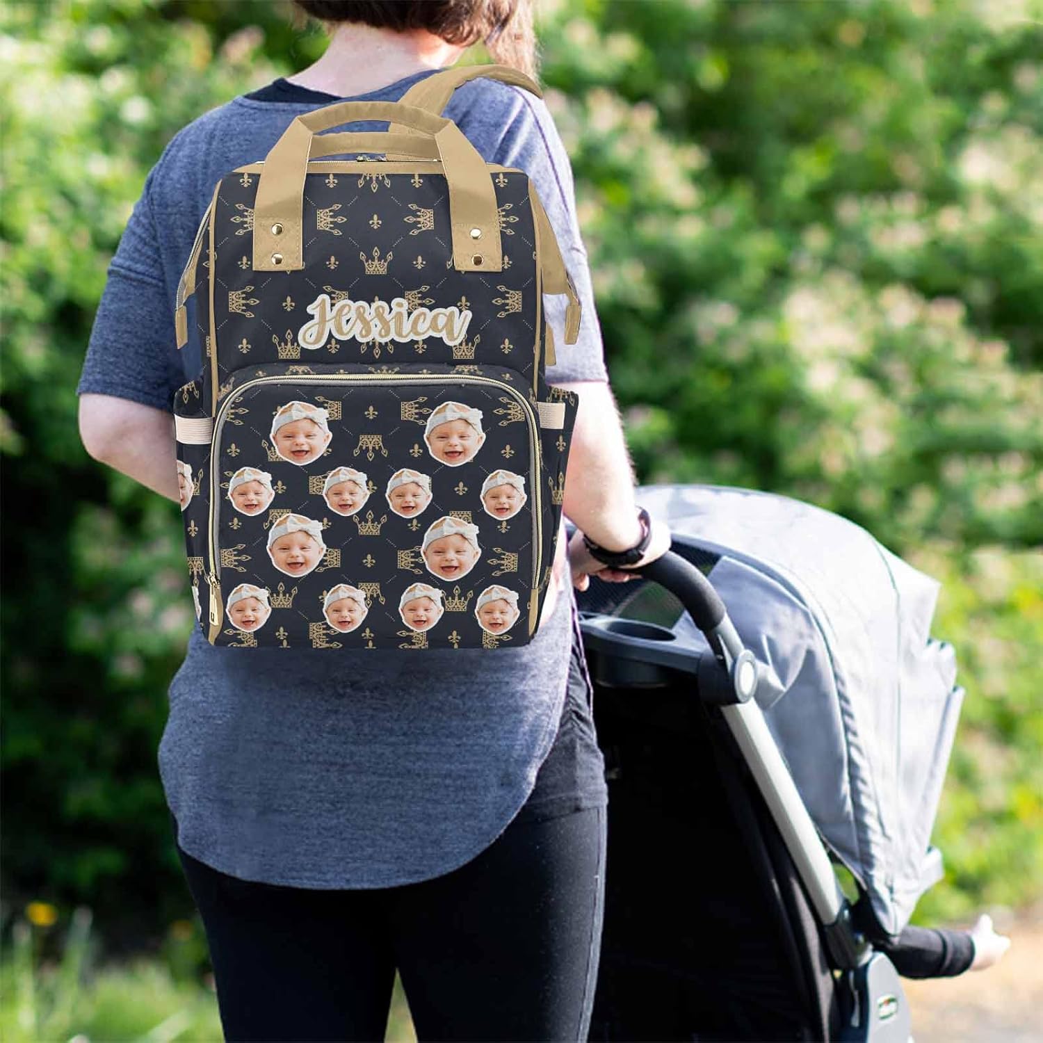 M YESCUSTOM Customized Travel Nursing Nappy Bag with Face Personalized Crown Print Diaper Bag with Name Custom Newborn Gift for Women