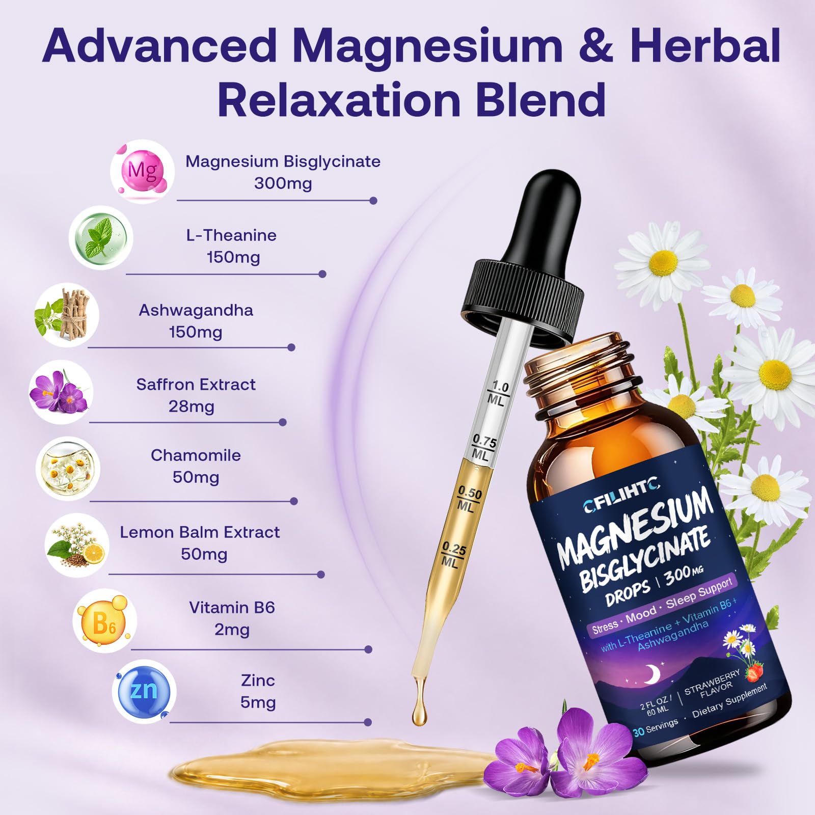2 Pack Magnesium Bisglycinate Liquid Drops, 300mg Liquid Magnesium Drops with L-Theanine, Ashwagandha, Saffron & Chamomile, Supports Sleep, Calm Mood & Stress, 2 Fl Oz Strawberry Flavor — Amazon image 2