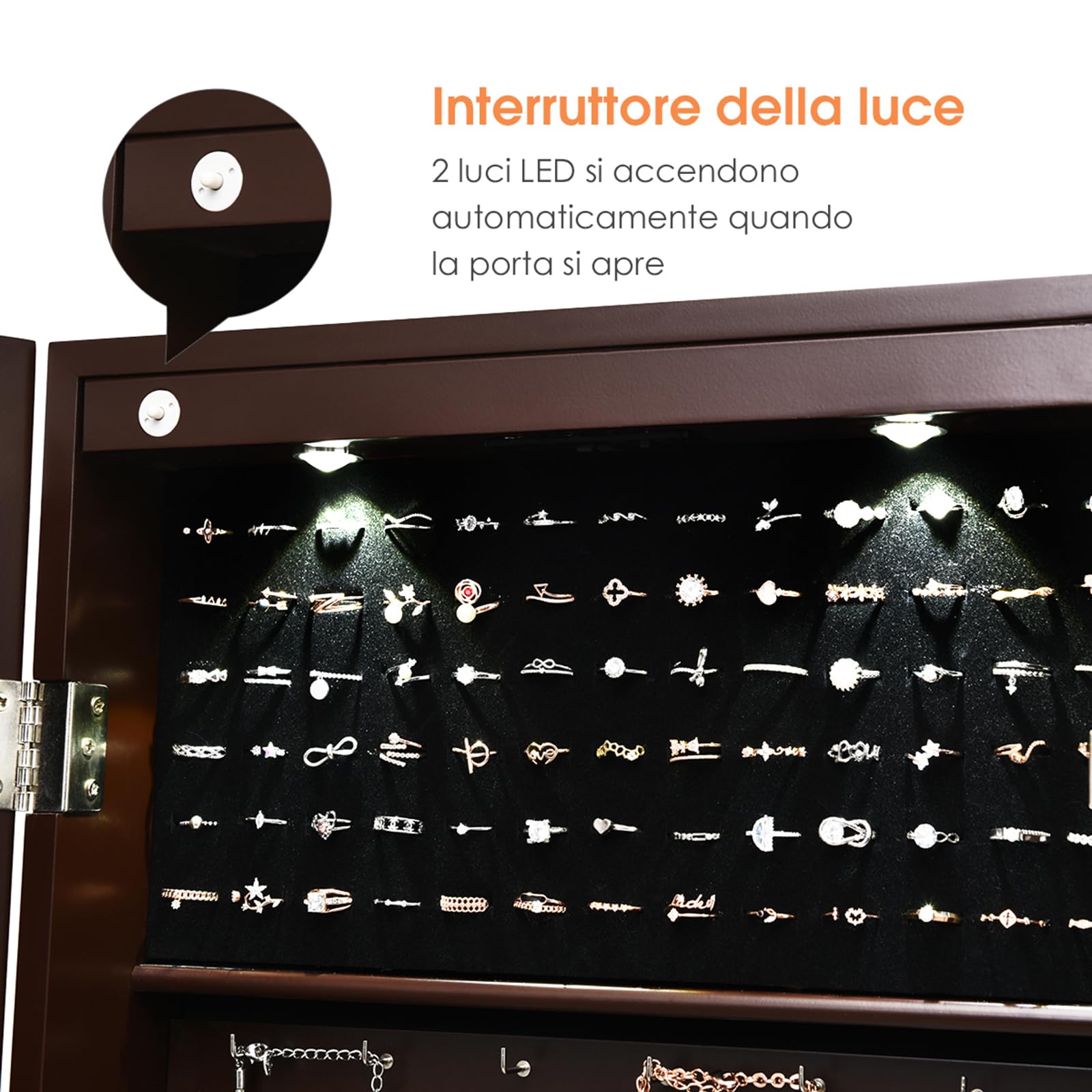 COSTWAY Armadio per Gioielli con 2 luci LED, con Specchio a Figura, Organizer Montato al Muro con Ganci Regolabili per Appendere, Armadio Portagioie per Truccarsi (Marrone)