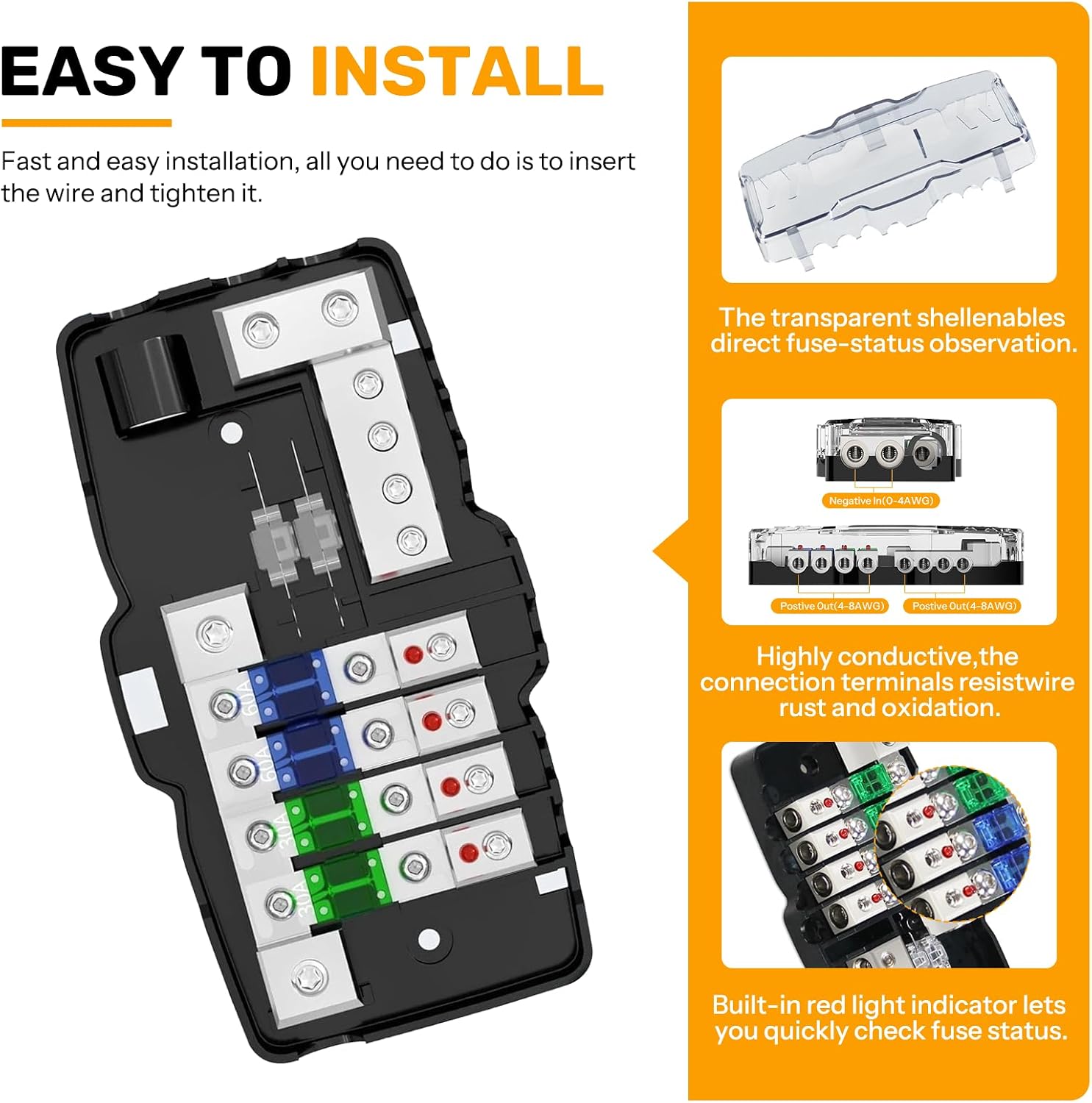 Fused Distribution Block 4Way MIDI (Mini-ANL) Distribution Block Car Audio Fused 12V 0/4 Gauge Fuse with Ground for Auto Boat UTV Stereo Amp