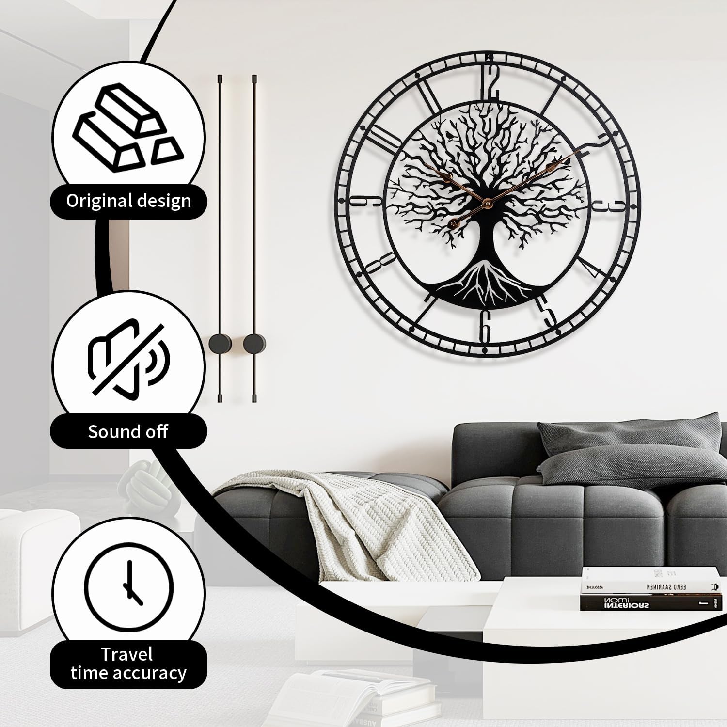 Tree of Life Wall Clock, 24Inch Metal Black Family Tree Oversized Wall Clocks for Living Room Bedroom Home Decor, Modern Silent Mid-Century Battery Operated