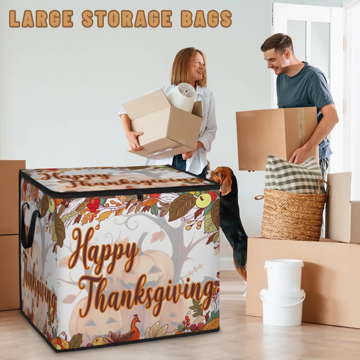 Honeybaby 214L Extra Large Comforter Storage Bag Happy Thanksgiving Pumpkins Storage Totes with Lids Waterproof Closet Organizer Folding Blanket Storage Bags for Clothes Bedding Pillows