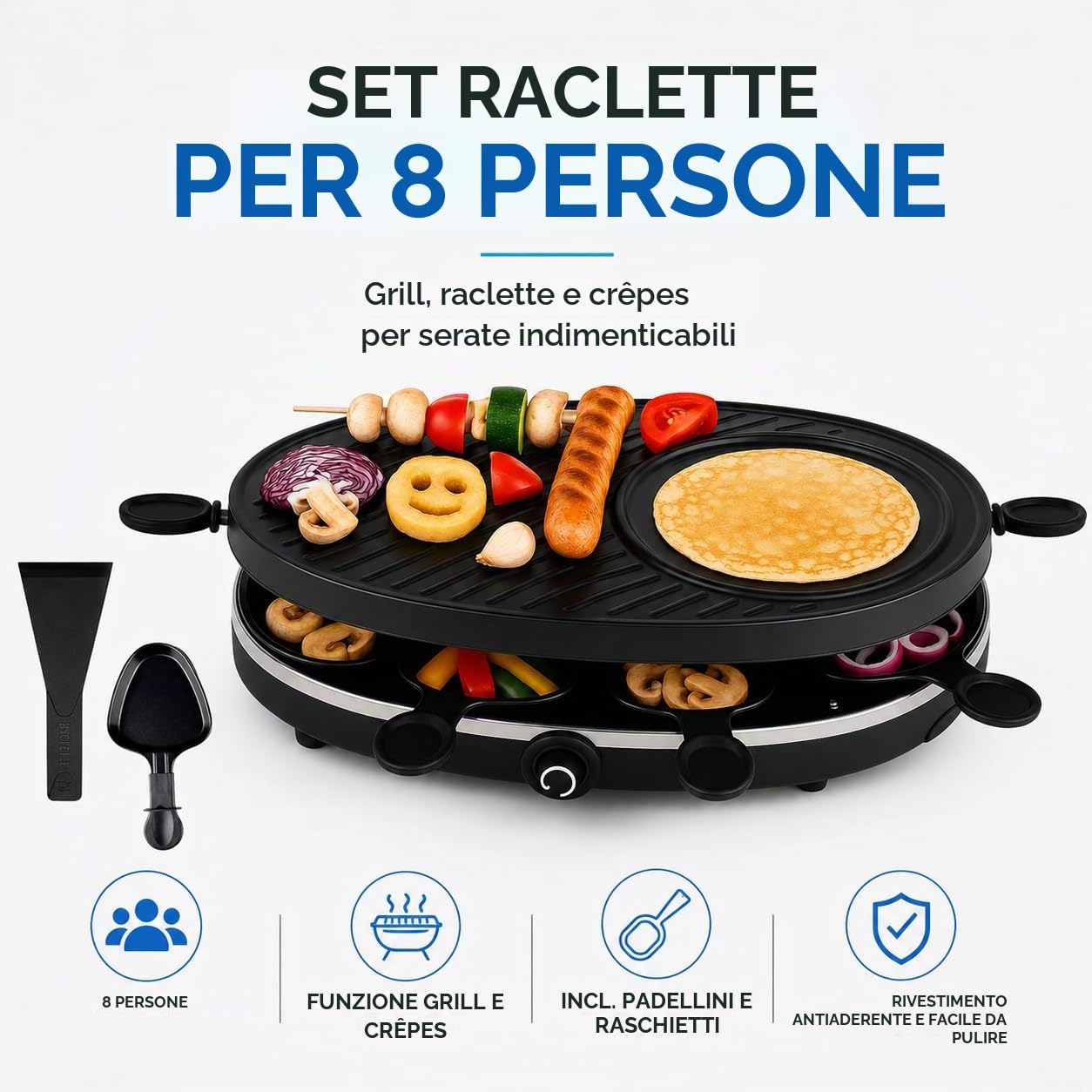 Set per raclette per 8 persone, ovale, con funzione crepe, grill da tavolo con padelle e raschietto, rotondo (TK49304)