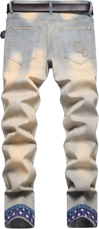 Baylvn Men's Designer Straight Slim Fit Patchwork Jeans Comfort Skinny Biker Denim Pants