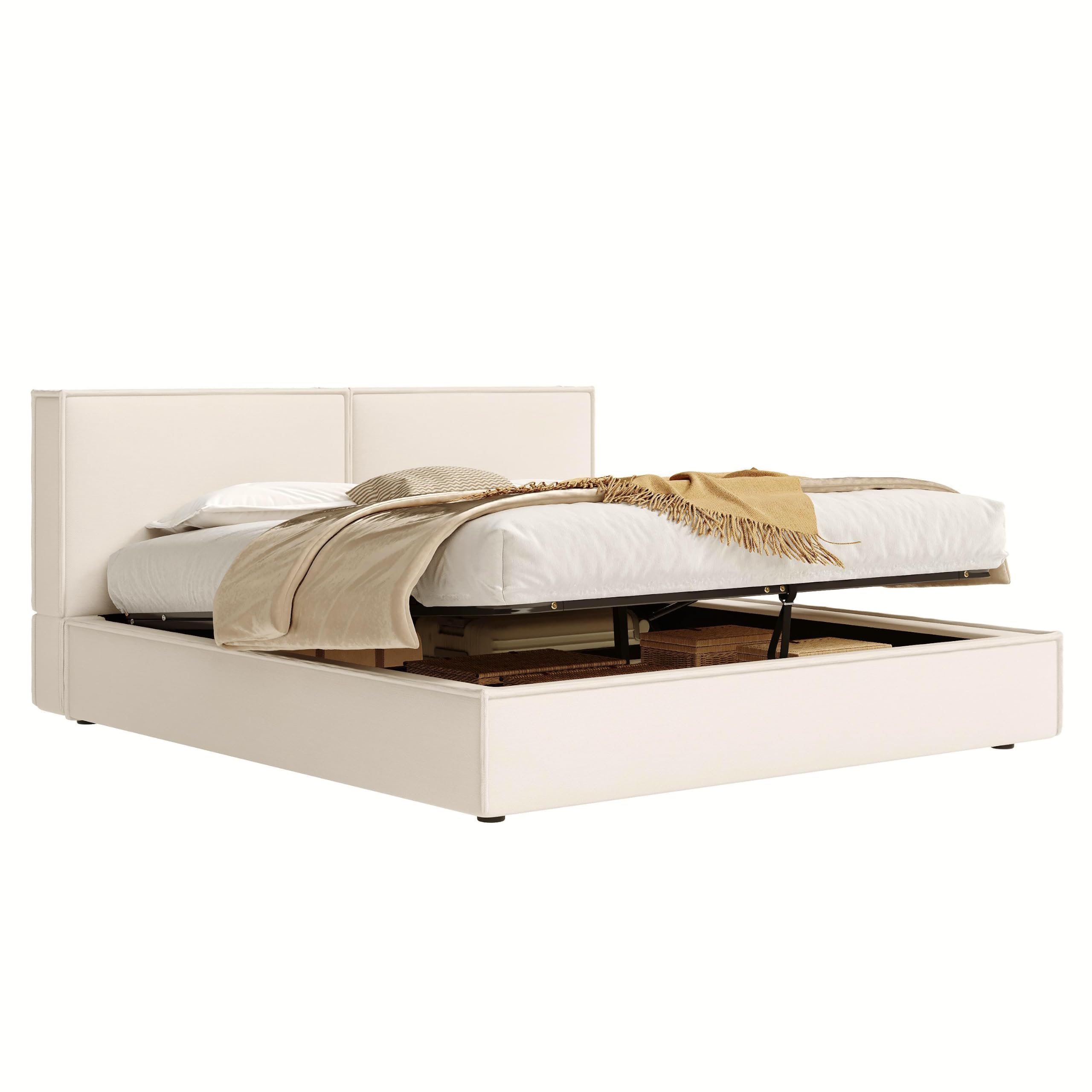 Letto Imbottito 180x200 Rivestimento in Lino Letto Matrimoniale con Testiera Imbottita Bed King Size con Rete a Doghe con Sollevamento Idraulico con Vano sotto la Rete Camera Beige