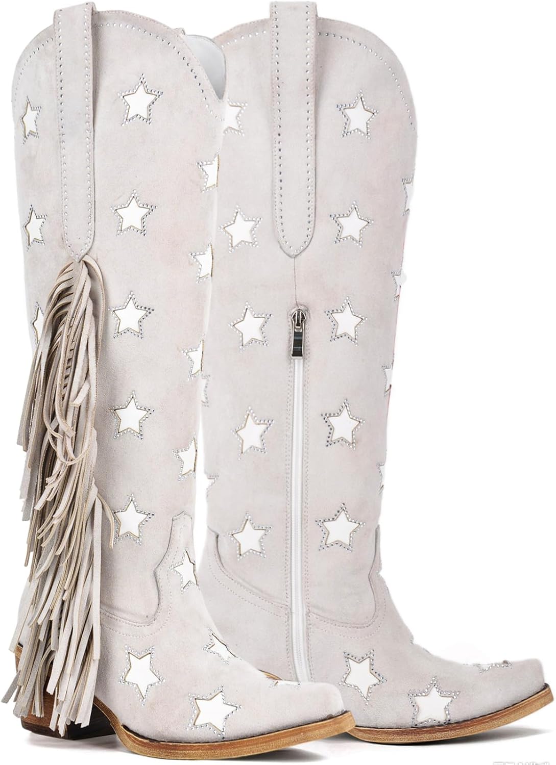 Yolkomo Women's Knee High Cowboy Boots with Fringe Western Cowgirl Boots with Rhinestones Stars