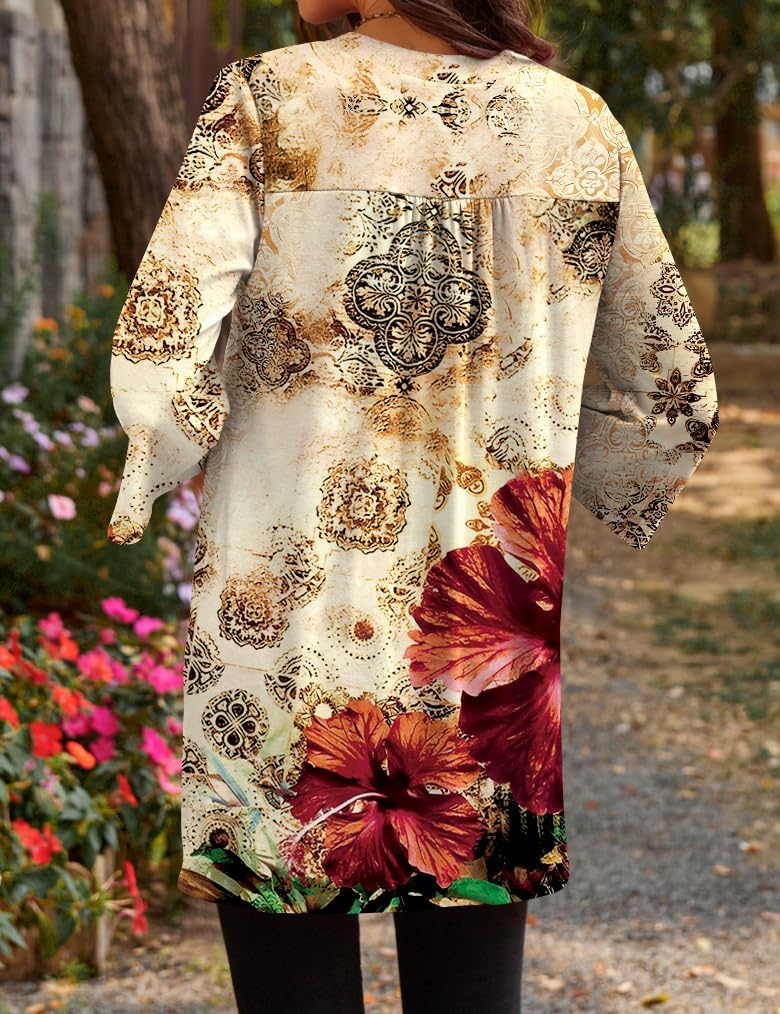 Poetsky Womens Tunic Tops 3/4 Bell Sleeve Loose Fit Tunics Dressy Casual Side Split Flare Top for Leggings S-3XL - Image 2