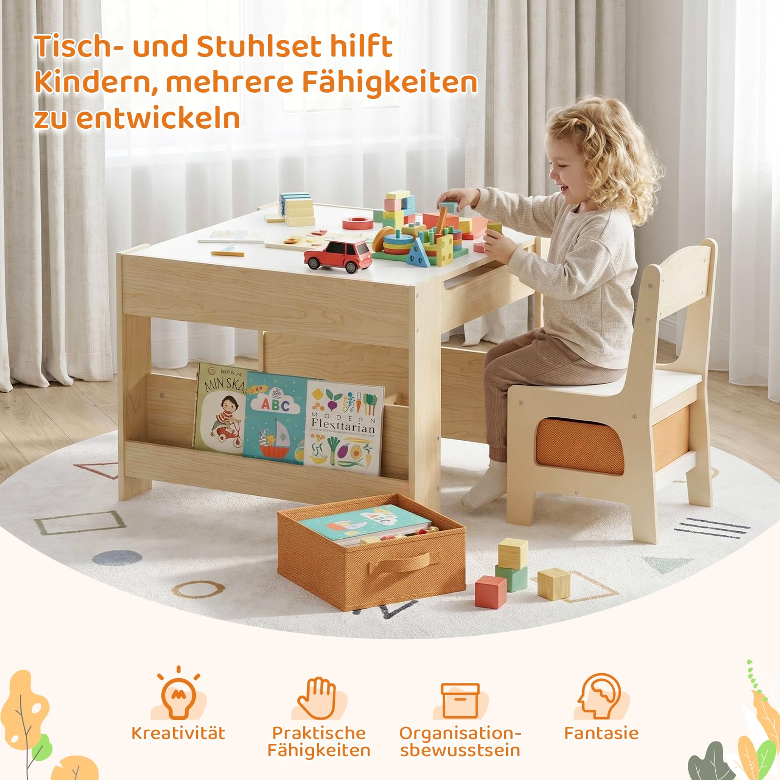 MAMIZO Kindertisch mit 2 PCS Stühlen, 3 in 1 Kinder Tisch Stuhl Set, Kindermöbel Set aus Holz mit Stauraum & Bücherregalen, Spieltisch & Aktivitätstisch, Maltisch, von 3-7 Jahren, Holzfarbe