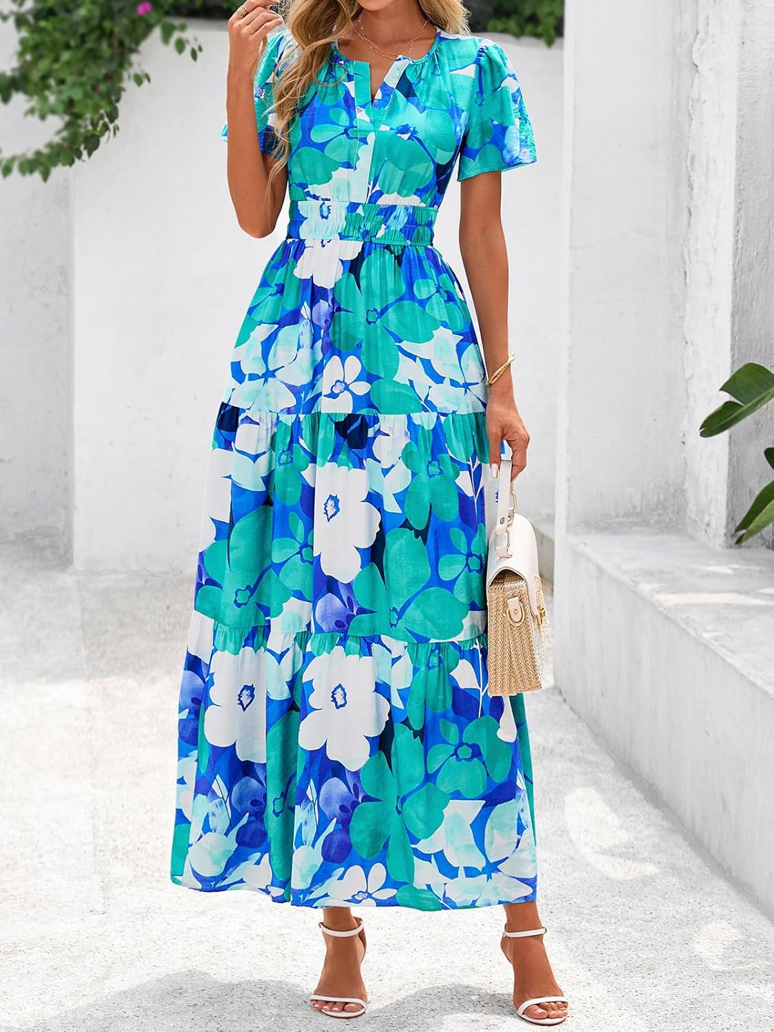 BTFBM Womens Summer Floral Maxi Dresses V Neck Short Sleeve Boho Casual Flowy Long Wedding Guest Dress Beach Vacation - Image 7