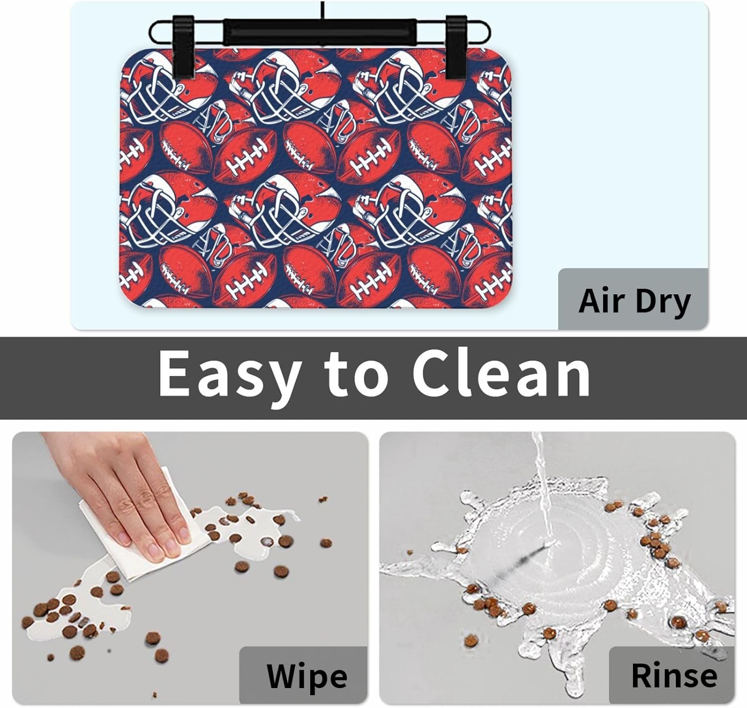 Football American Dog Food Mat, Leather Pet Feeding Mat, Cat Mat for Food, Absorbent Pet Placemat for Indoor Outdoor Water Bowl 40x60cm