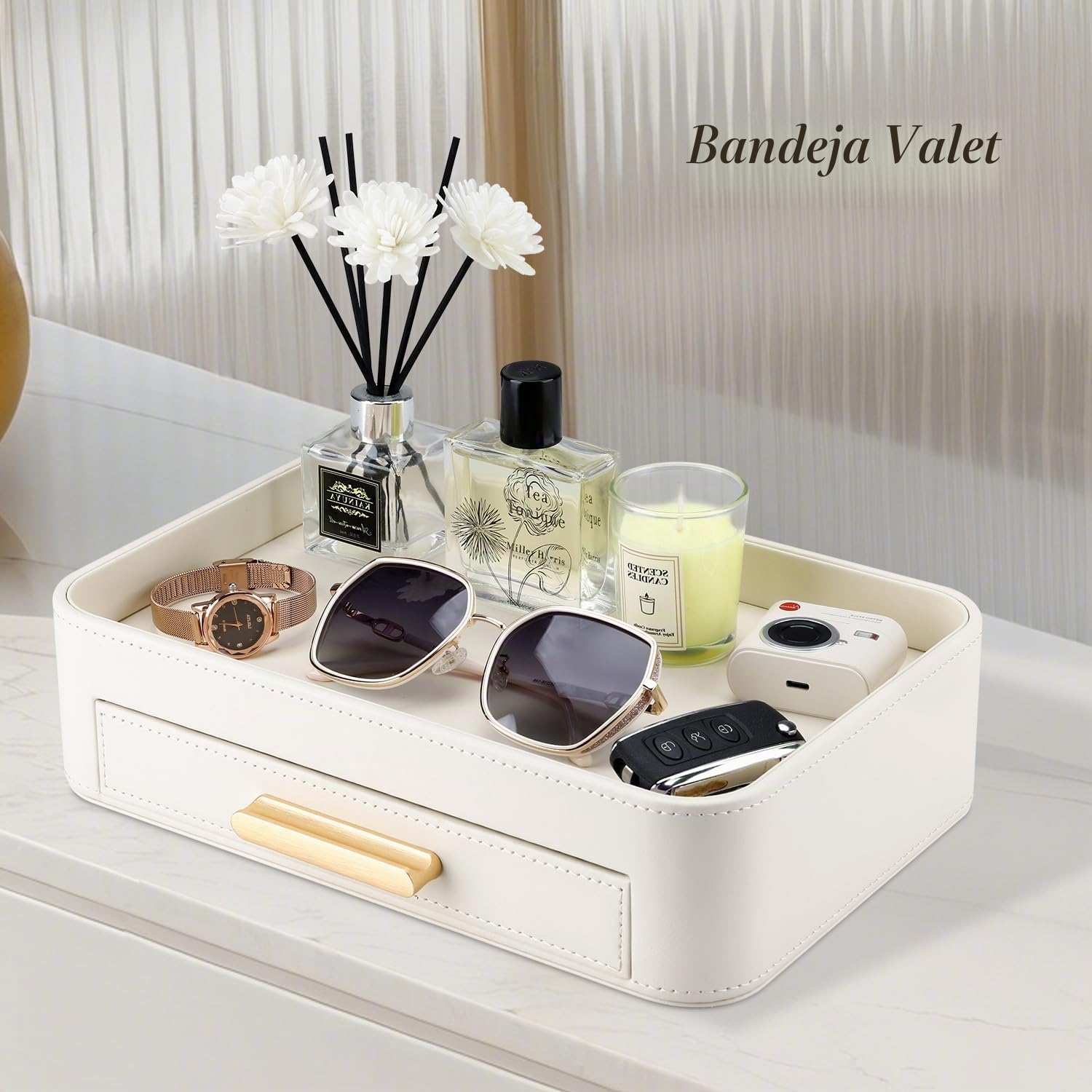 GORESE Bandeja para Joyas, Bandeja de Valet con Cajón Cuero Bandeja de Mesa de Noche Organizador Vaciabolsillos Escritorio Bandejas Decorativas para Llaves,Maquillaje,Joyería,Moneda(Blanco Marfil)