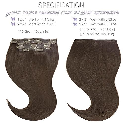 Miniatura 2 de Lacer Extensiones de cabello humano real sin costuras, color marrón oscuro, 16 pulgadas, 7 unidades, 3.88 oz